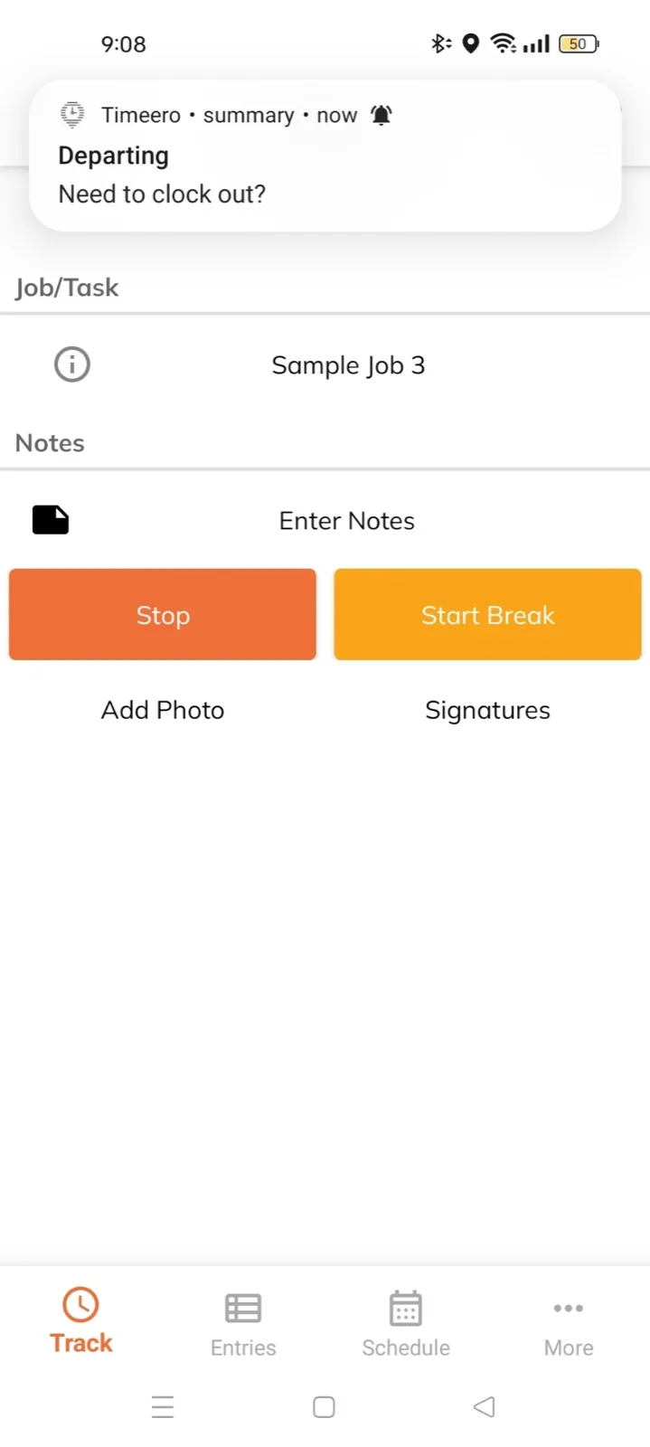 Timeero push notification titled Departing asking Need to clock out? during an active shift on Sample Job 3