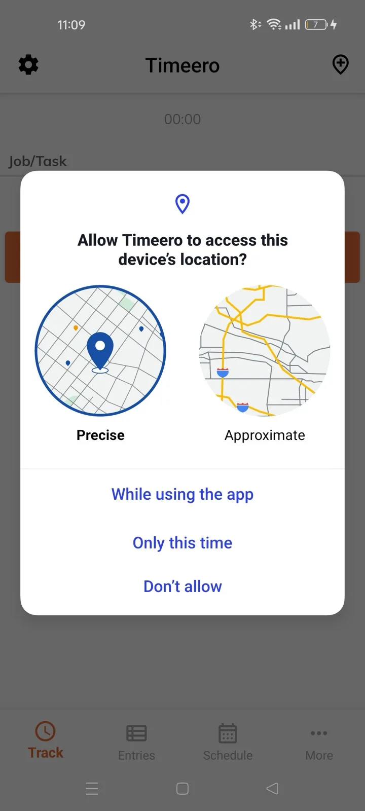 Android system prompt asking whether to allow Timeero to access the device's location, with Precise and Approximate options