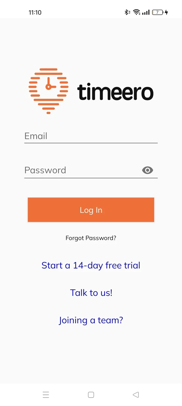 Timeero Android app login screen with email and password fields, a Start a 14-day free trial link, and a Joining a team? link