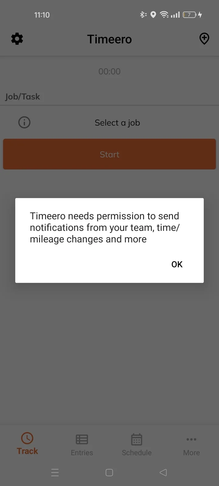 Timeero dialog explaining it needs permission to send notifications about team, time, and mileage changes