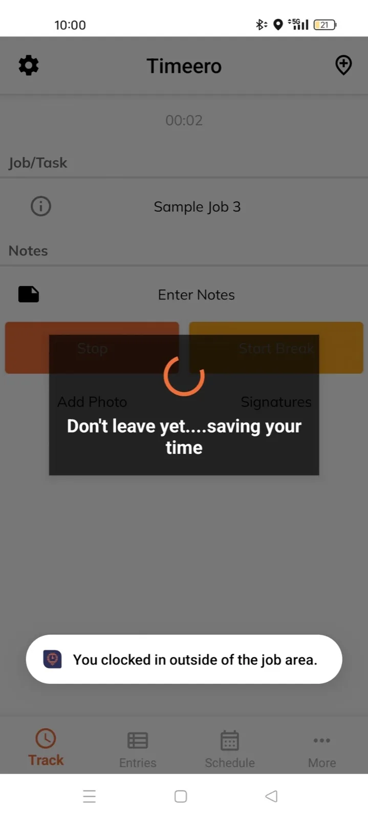 Timeero Android app saving a clock-in for Sample Job 3 with a toast reading You clocked in outside of the job area