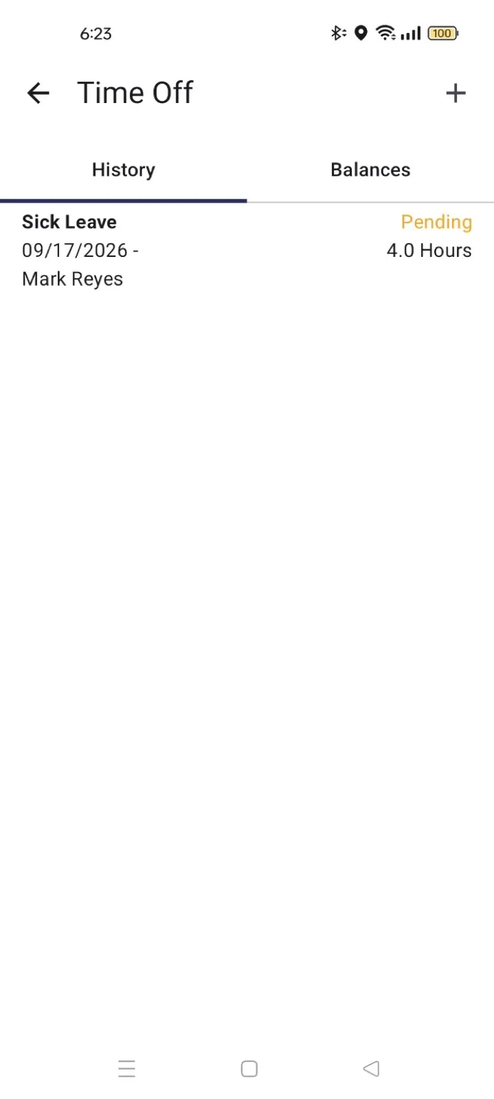 Timeero Android Time Off history showing a 4-hour sick leave request dated 09/17/2026 marked Pending