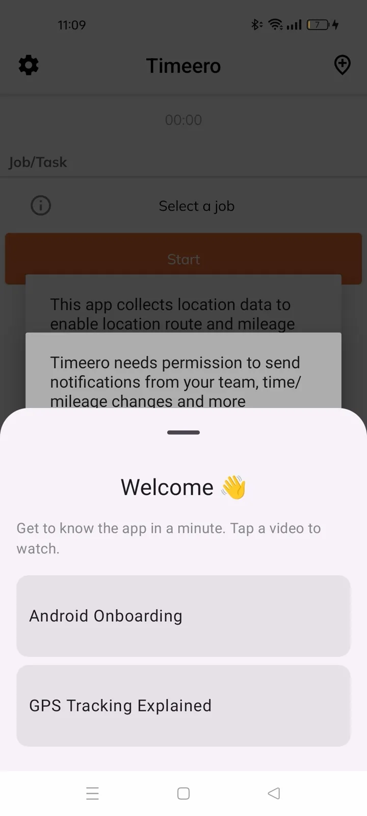 Timeero Android welcome sheet offering Android Onboarding and GPS Tracking Explained videos, with a notice that the app collects location data for route and mileage tracking
