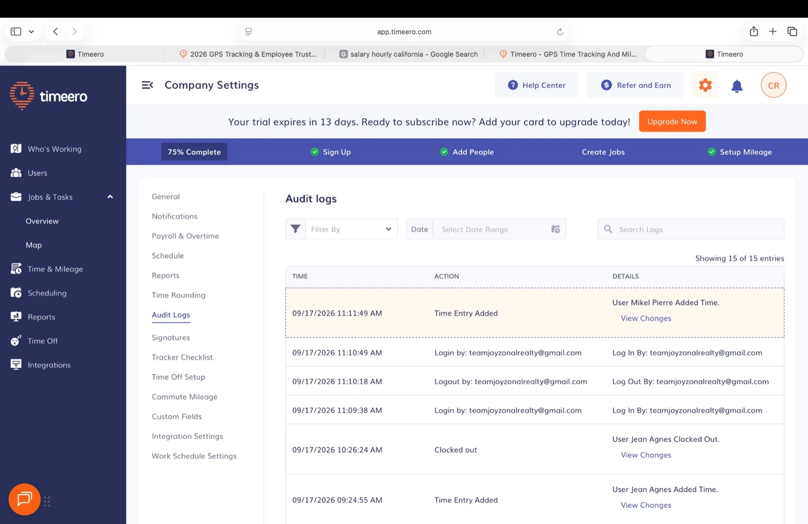 Timeero Audit logs listing time entries added, logins, logouts, and clock-outs with timestamps and View Changes links