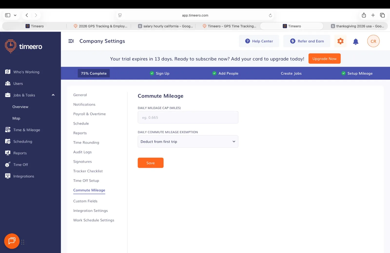 Timeero Commute Mileage settings with a daily mileage cap field and a daily commute mileage exemption set to Deduct from first trip