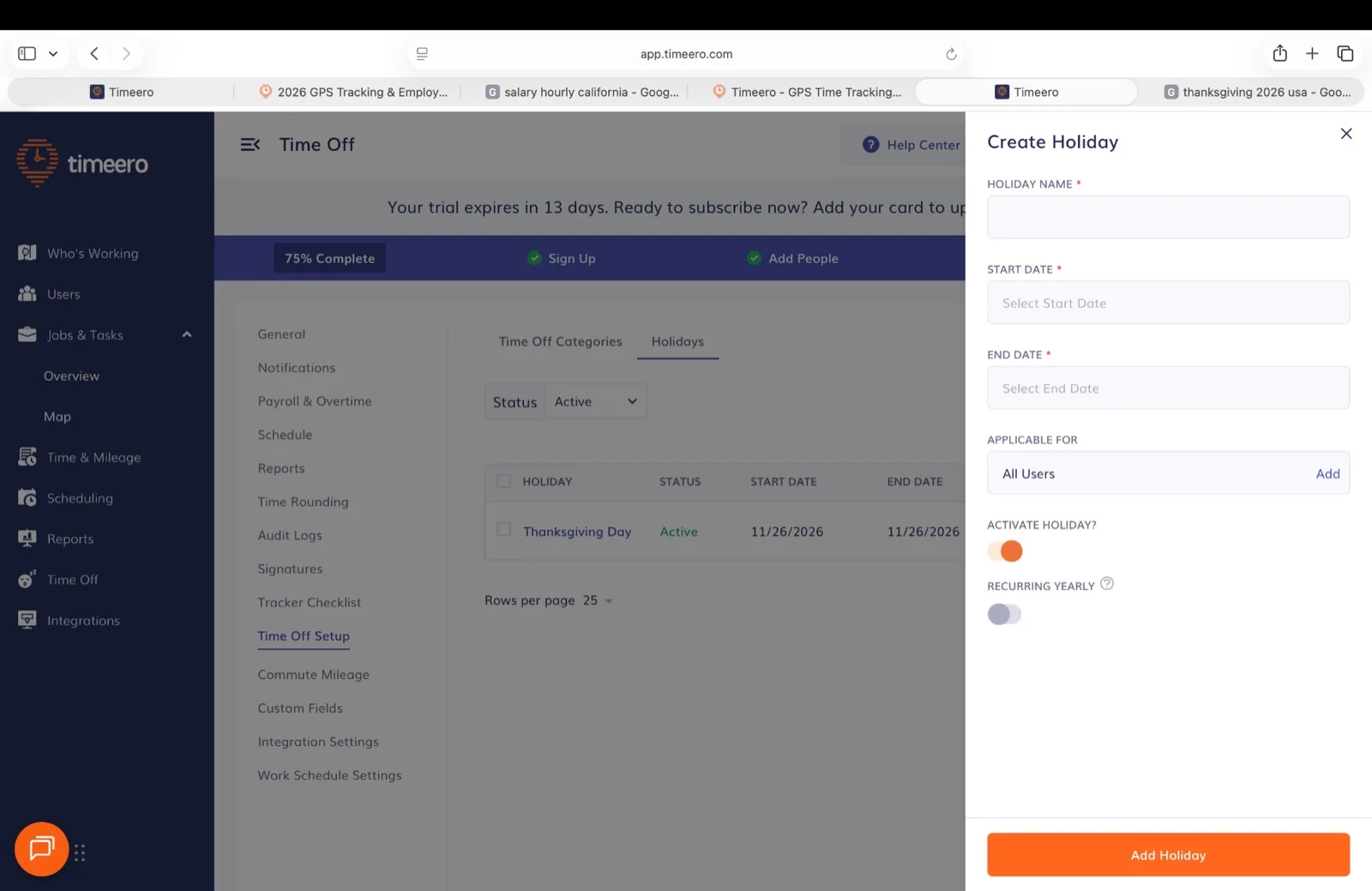 Timeero create holiday form with start and end dates, applicable workers, active status, and yearly recurrence