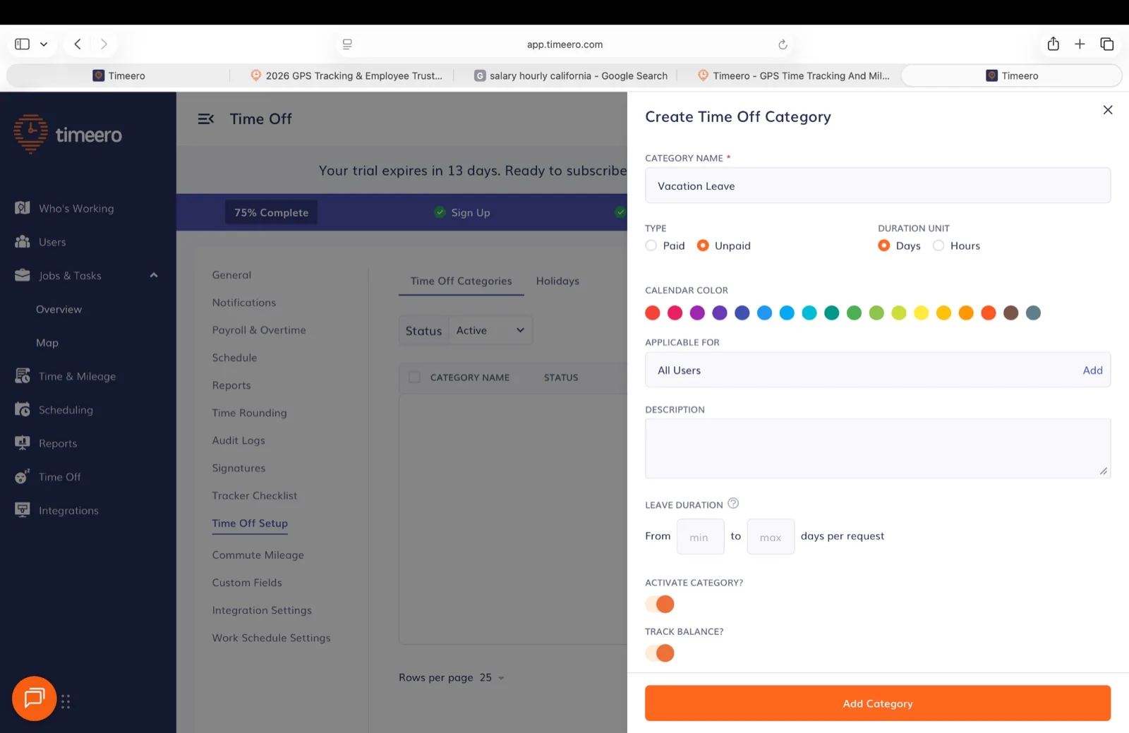 Timeero create time-off category form with paid or unpaid, days or hours, applicable workers, minimum and maximum duration, and balance tracking
