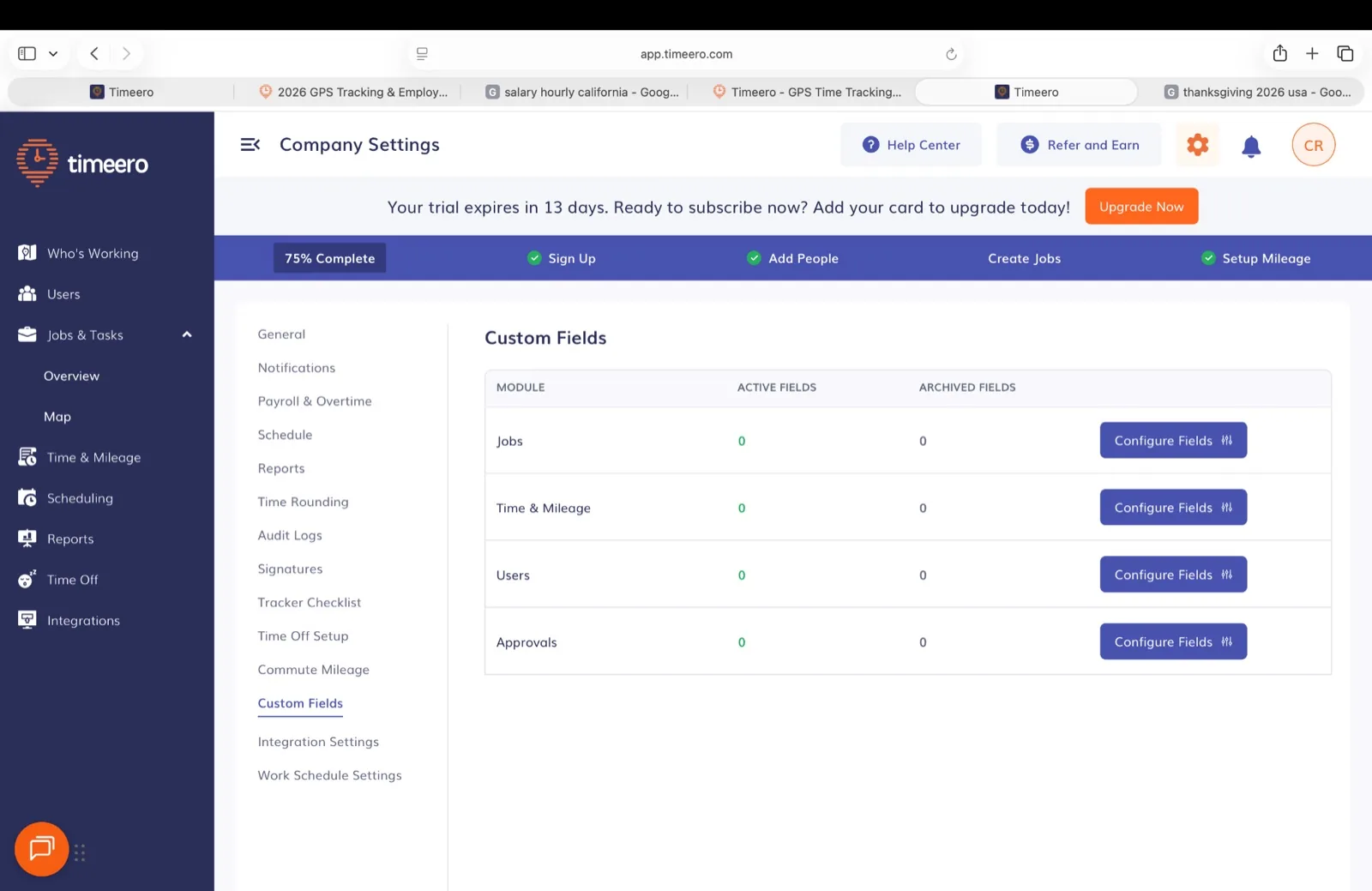 Timeero Custom Fields page with configurable fields for Jobs, Time & Mileage, Users, and Approvals