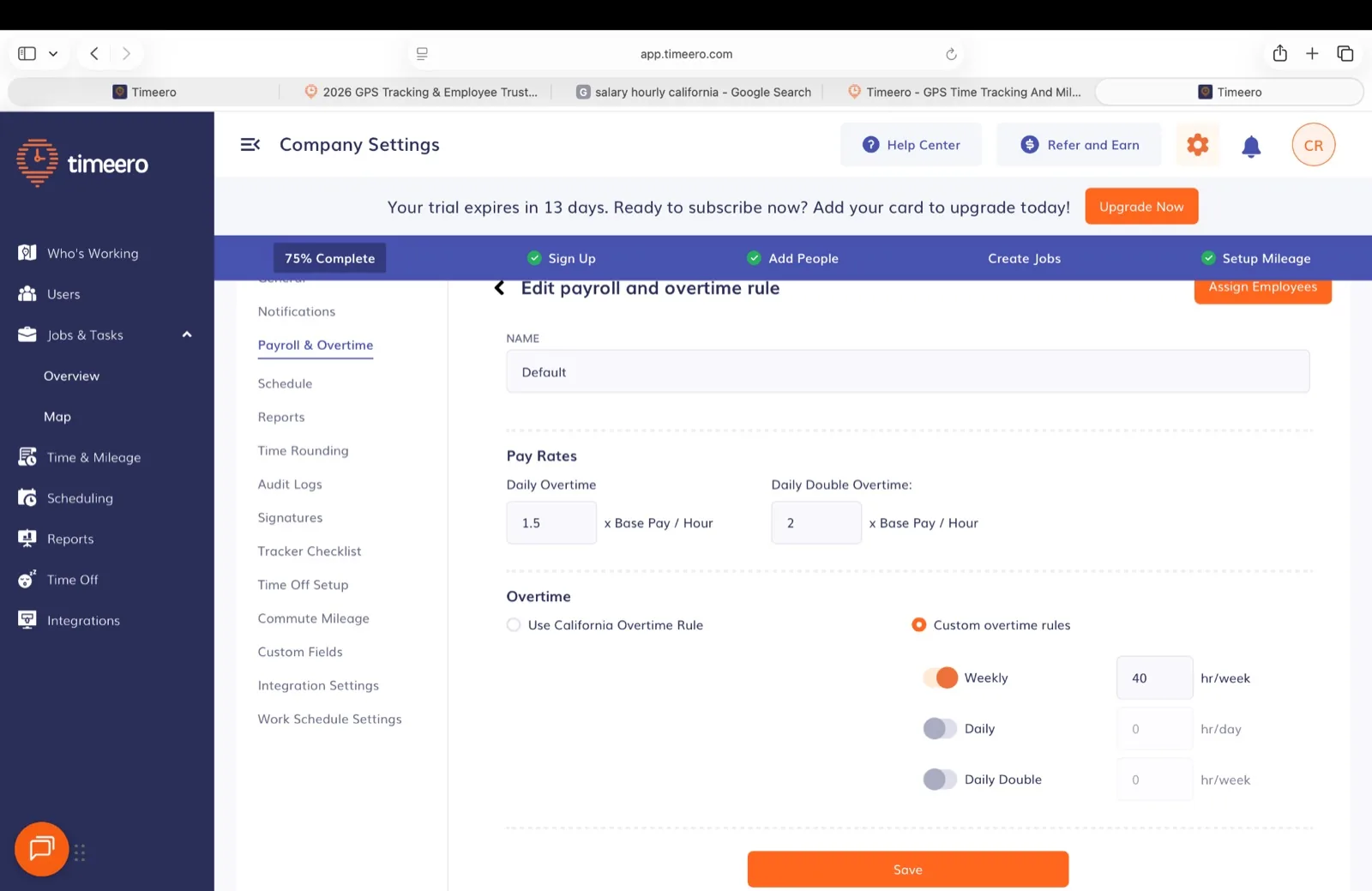 Timeero payroll and overtime rule editor with daily overtime at 1.5x, double overtime at 2x, and custom weekly overtime after 40 hours