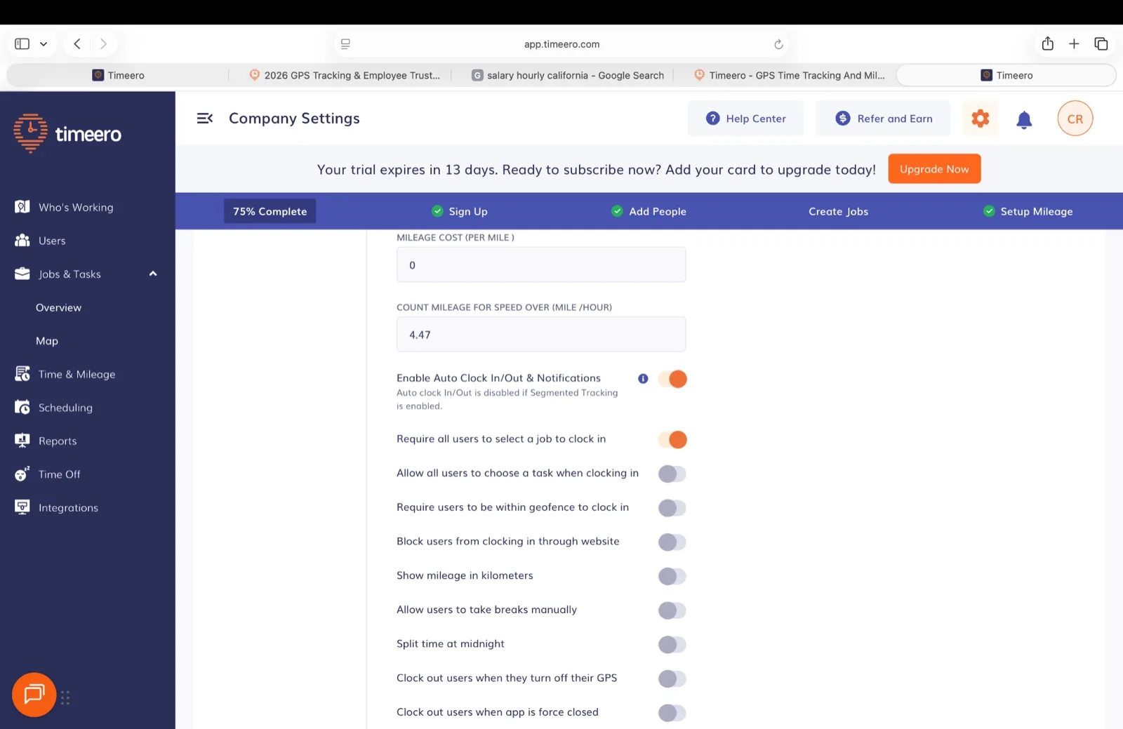 Timeero company settings with toggles for auto clock in/out and notifications, require a job to clock in, require users to be within geofence to clock in, block web clock-in, split time at midnight, and clock out when GPS is off or the app is force closed