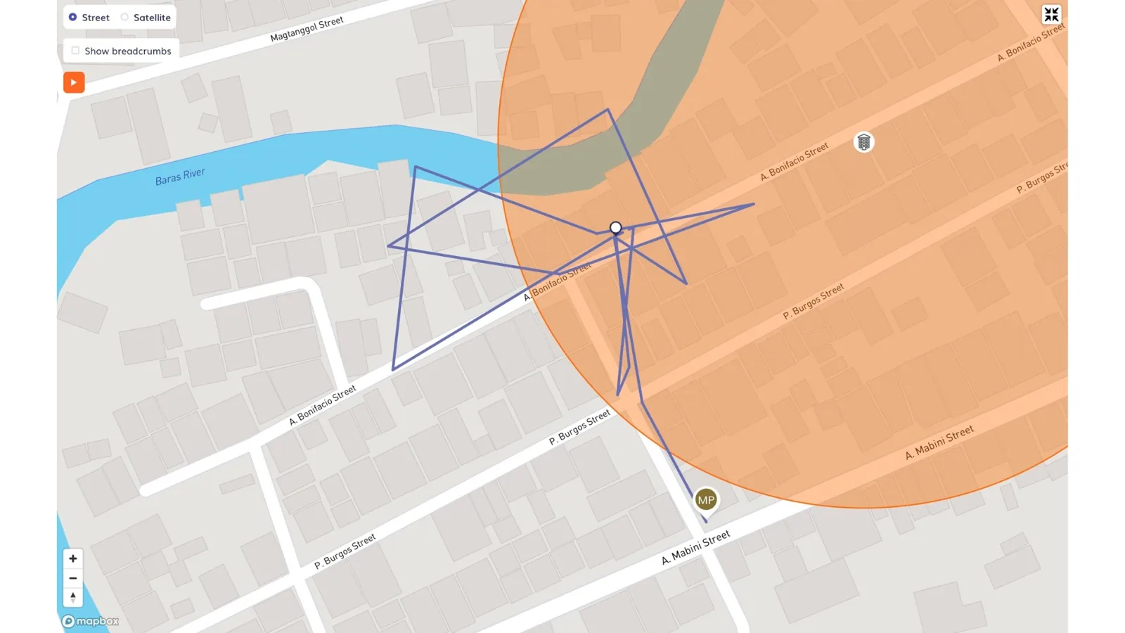 Timeero expanded map showing a GPS trail drawn as straight lines between location points around a job site, with the job geofence shaded orange