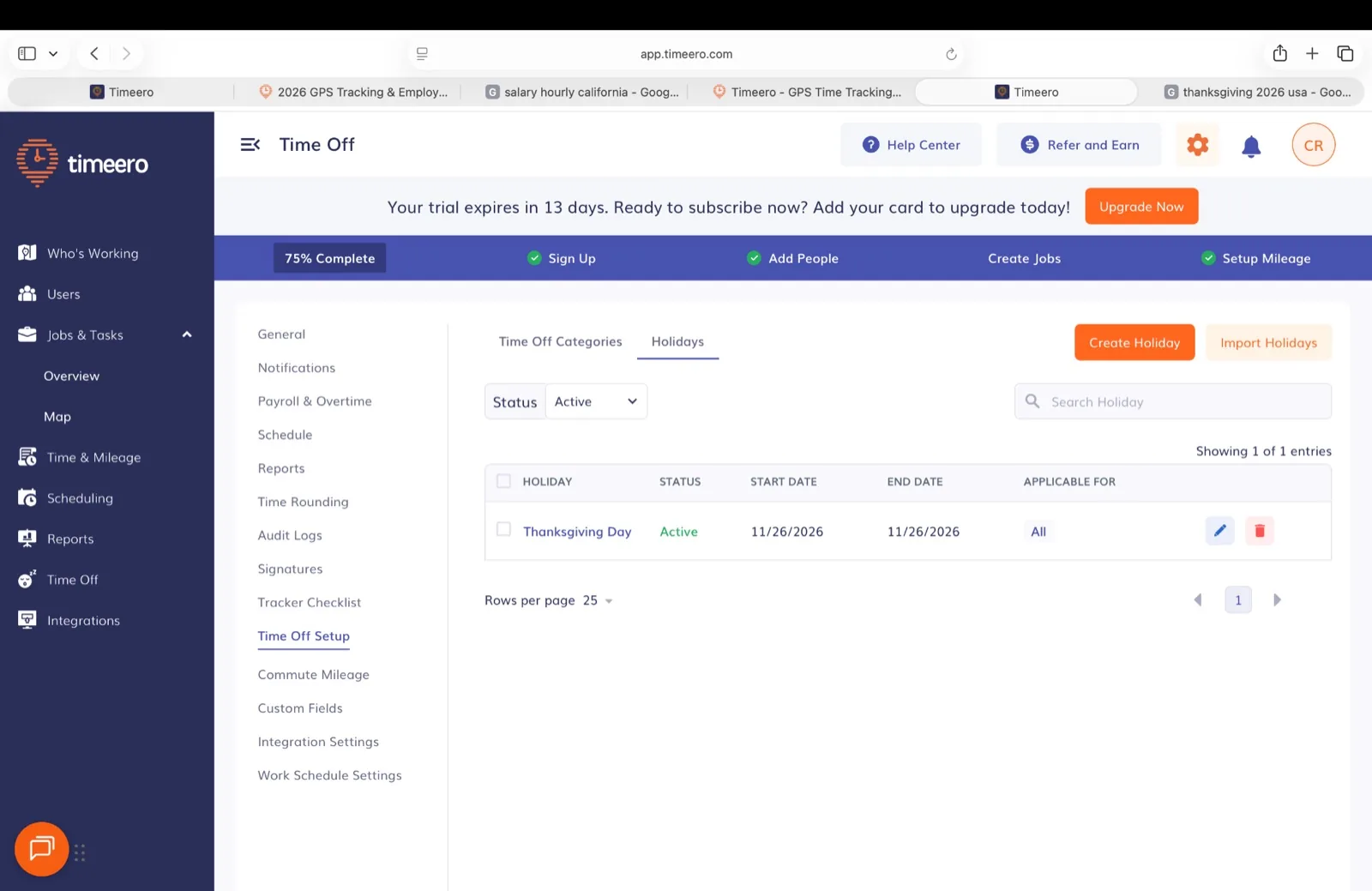Timeero holiday list in the time-off setup