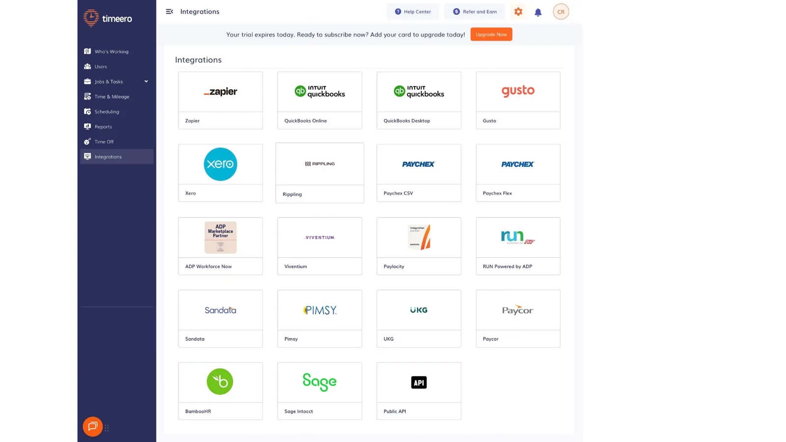 Timeero Integrations page with tiles for Zapier, QuickBooks Online, QuickBooks Desktop, Gusto, Xero, Rippling, Paychex CSV, Paychex Flex, ADP Workforce Now, Viventium, Paylocity, RUN Powered by ADP, Sandata, Pimsy, UKG, Paycor, BambooHR, Sage Intacct, and Public API