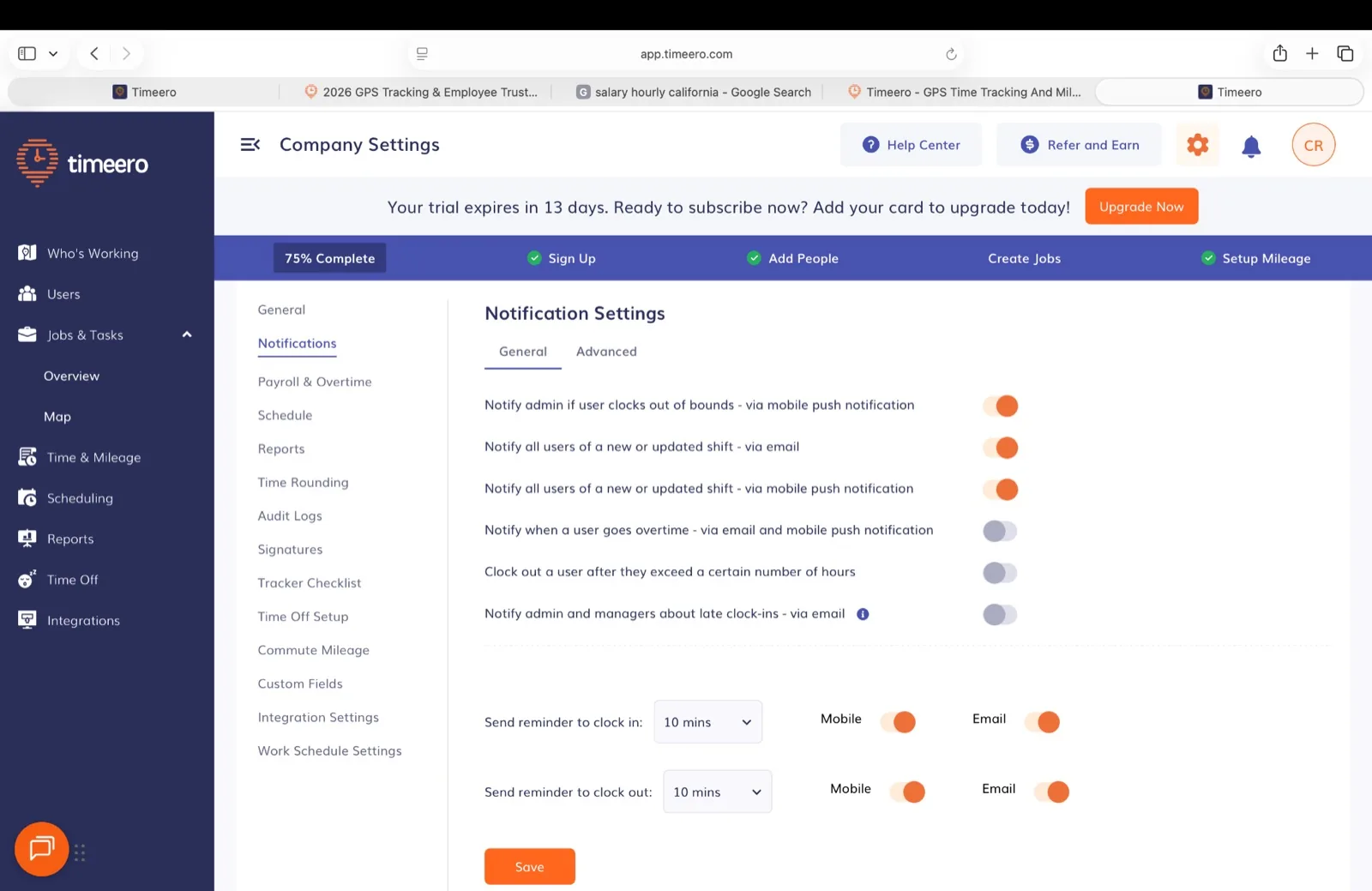 Timeero Notification Settings including alerts when a user clocks out of bounds, new shift notices by email and push, overtime alerts, and clock-in and clock-out reminders