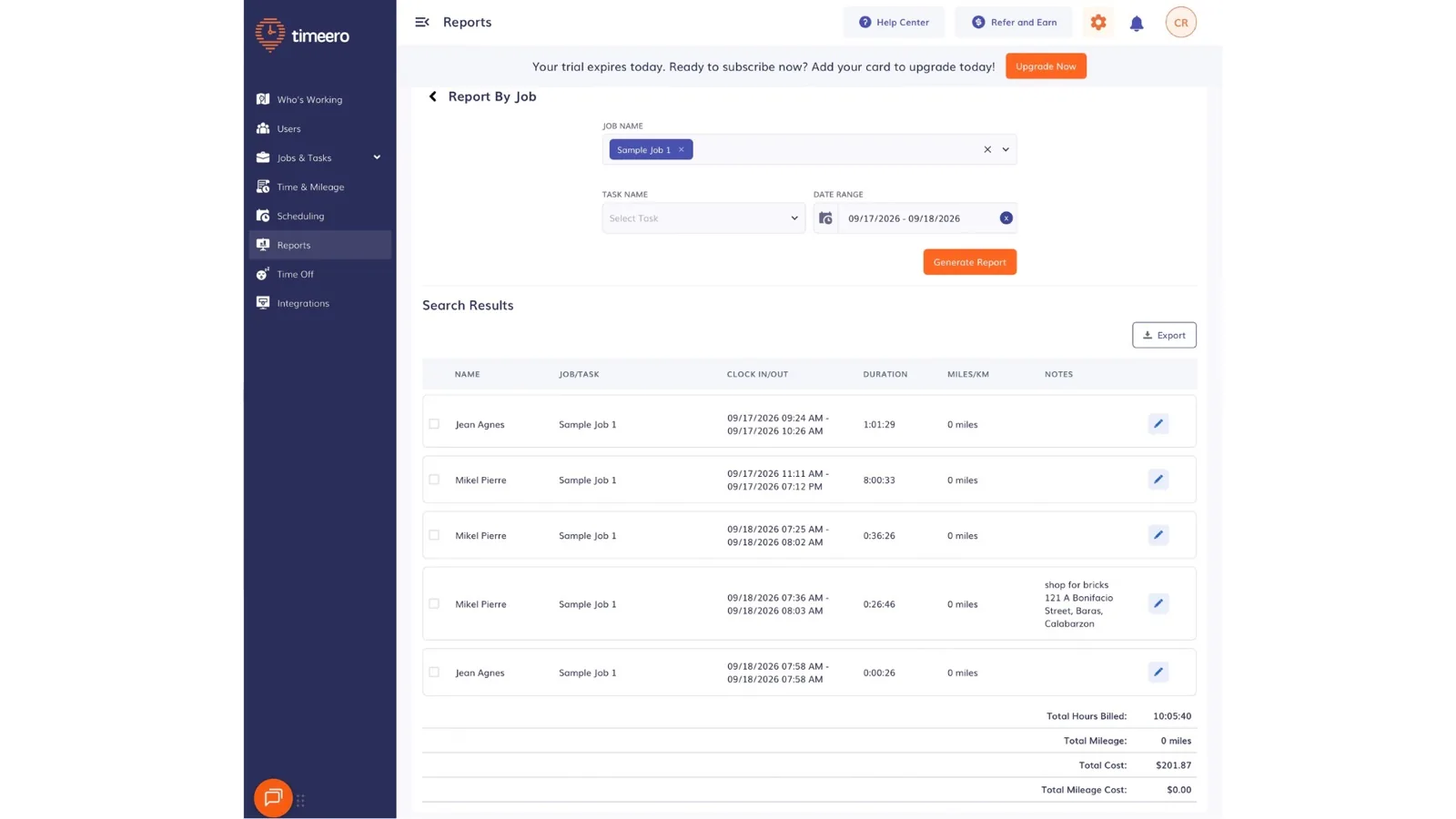 Timeero Report By Job for Sample Job 1 listing five entries from two workers with clock-in and clock-out times, durations, mileage, and notes, totaling 10:05:40 hours and a total cost, with an Export button