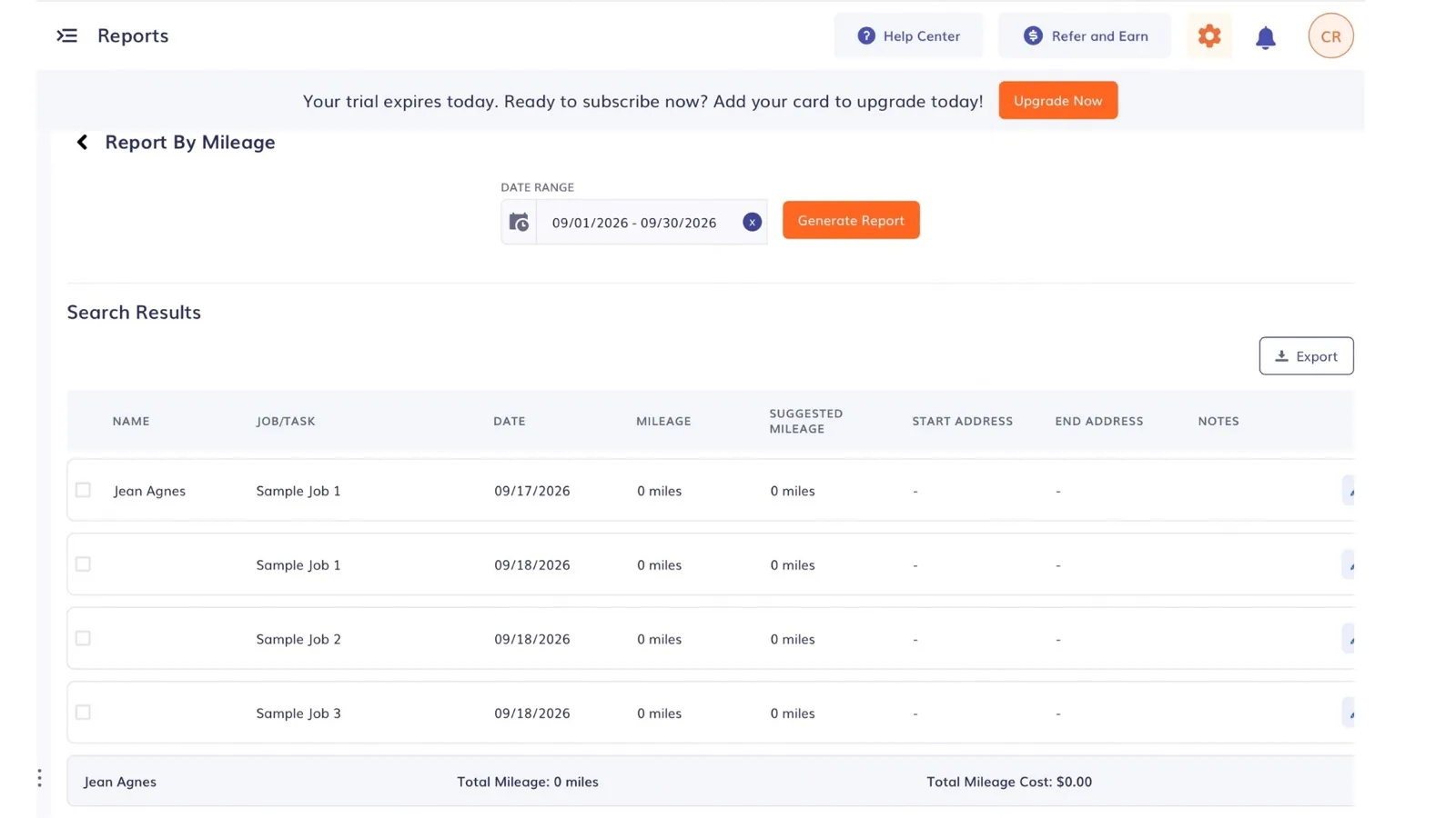 Timeero Report By Mileage for September 2026 listing entries with mileage, suggested mileage, start and end address columns, and total mileage cost