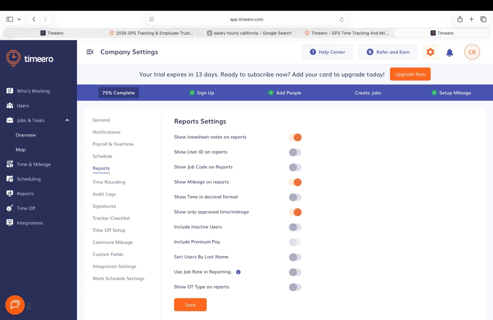 Timeero Reports Settings with toggles for showing notes, user ID, job code, and mileage on reports, decimal time, approved-only entries, job rate in reporting, and overtime type