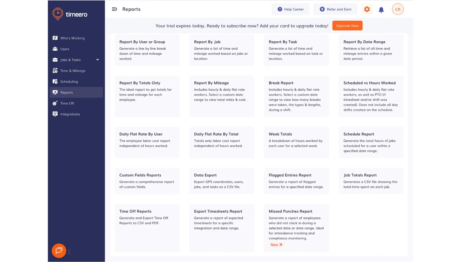 Timeero Reports page listing report types including Report By User or Group, Job, Task, Date Range, Mileage, Break, Scheduled vs Hours Worked, Week Totals, Custom Fields, Data Export, Flagged Entries, Job Totals, Time Off, Export Timesheets, and Missed Punches