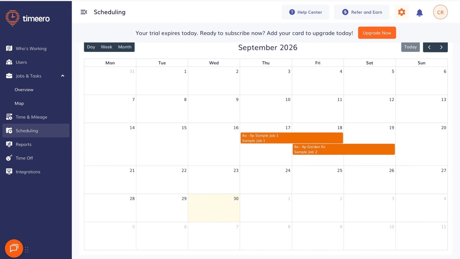 Timeero Scheduling calendar in month view for September 2026 with shifts on Sample Job 1 and Sample Job 2 spanning several days
