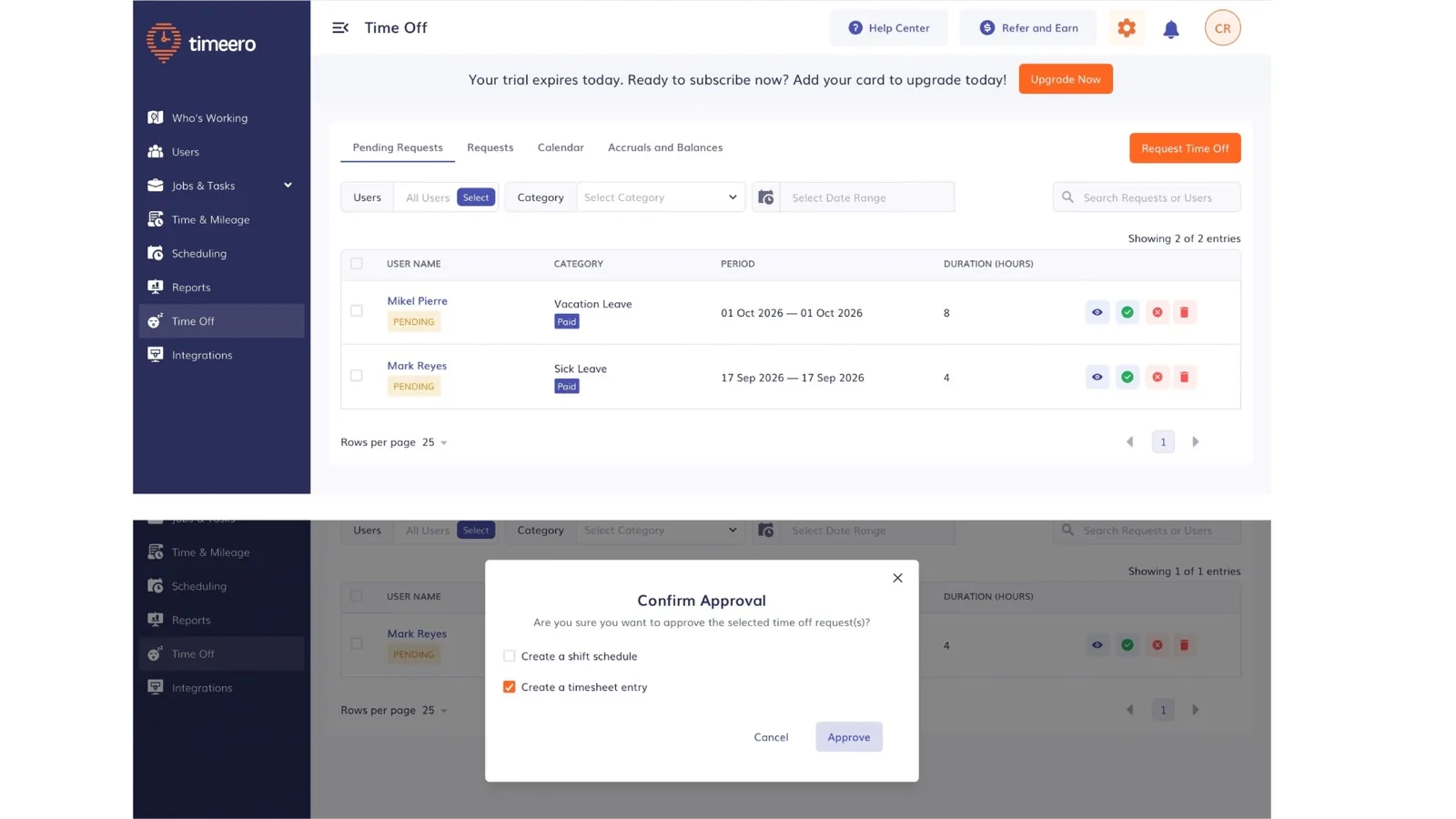 Timeero Pending Requests list with vacation and sick leave requests, and a Confirm Approval dialog with options to create a shift schedule and create a timesheet entry