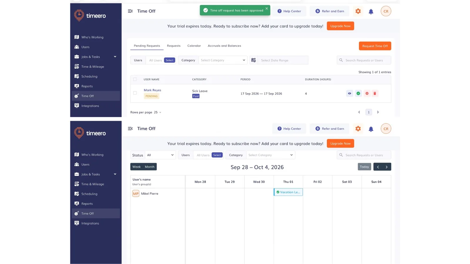 Timeero confirmation that a time-off request was approved, and the Time Off calendar showing the approved vacation leave on October 1
