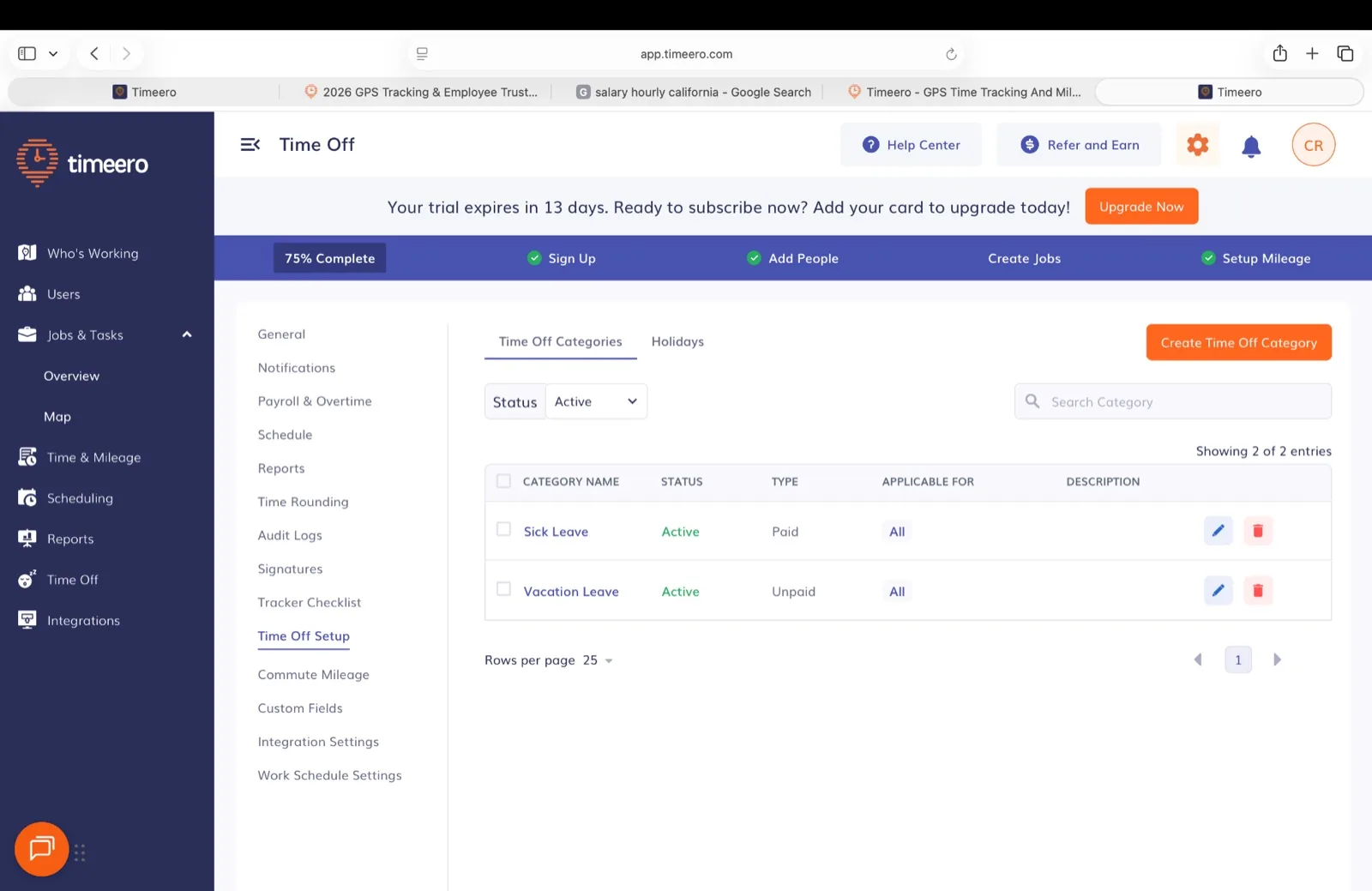 Timeero time-off categories list with Sick Leave and Vacation Leave and their paid or unpaid status