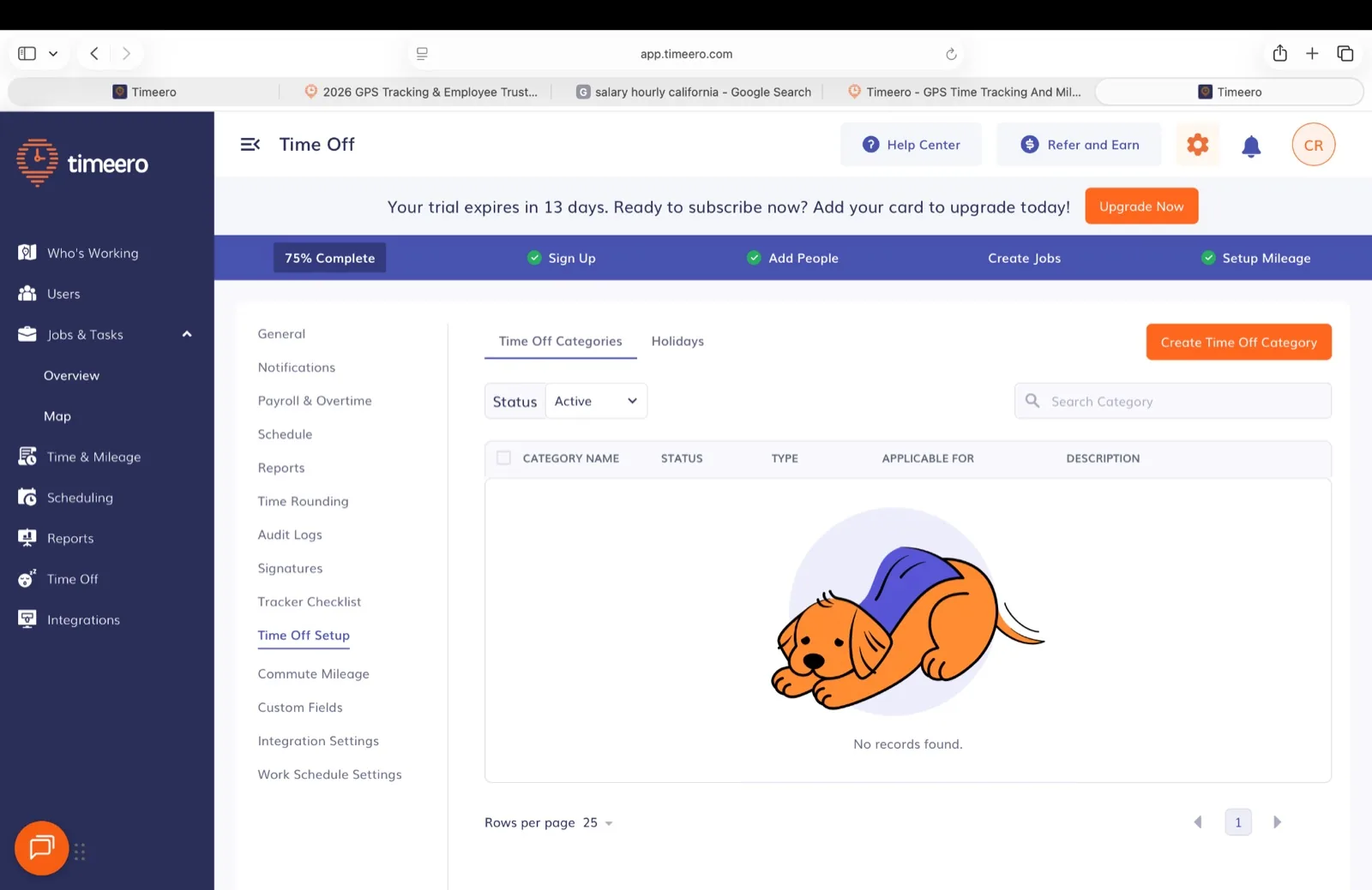 Timeero admin Time Off area with Pending Requests, Requests, Calendar, and Accruals and Balances tabs