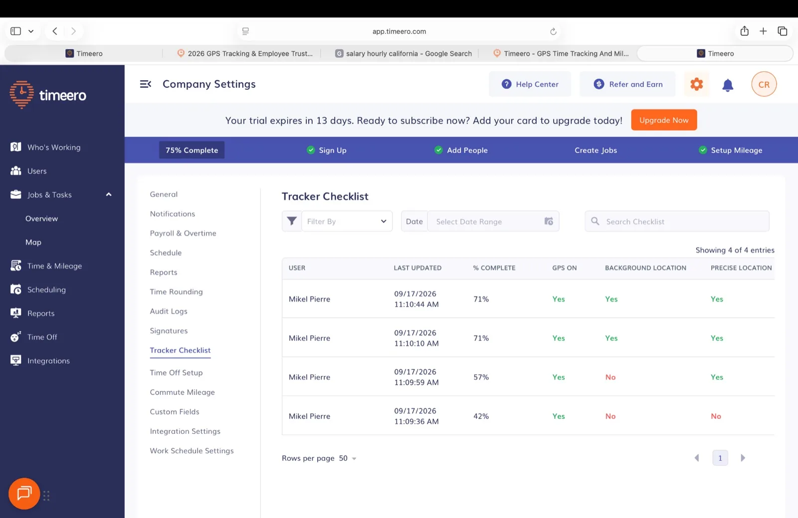 Timeero Tracker Checklist table listing a worker's devices with percent complete and whether GPS, background location, and precise location are on
