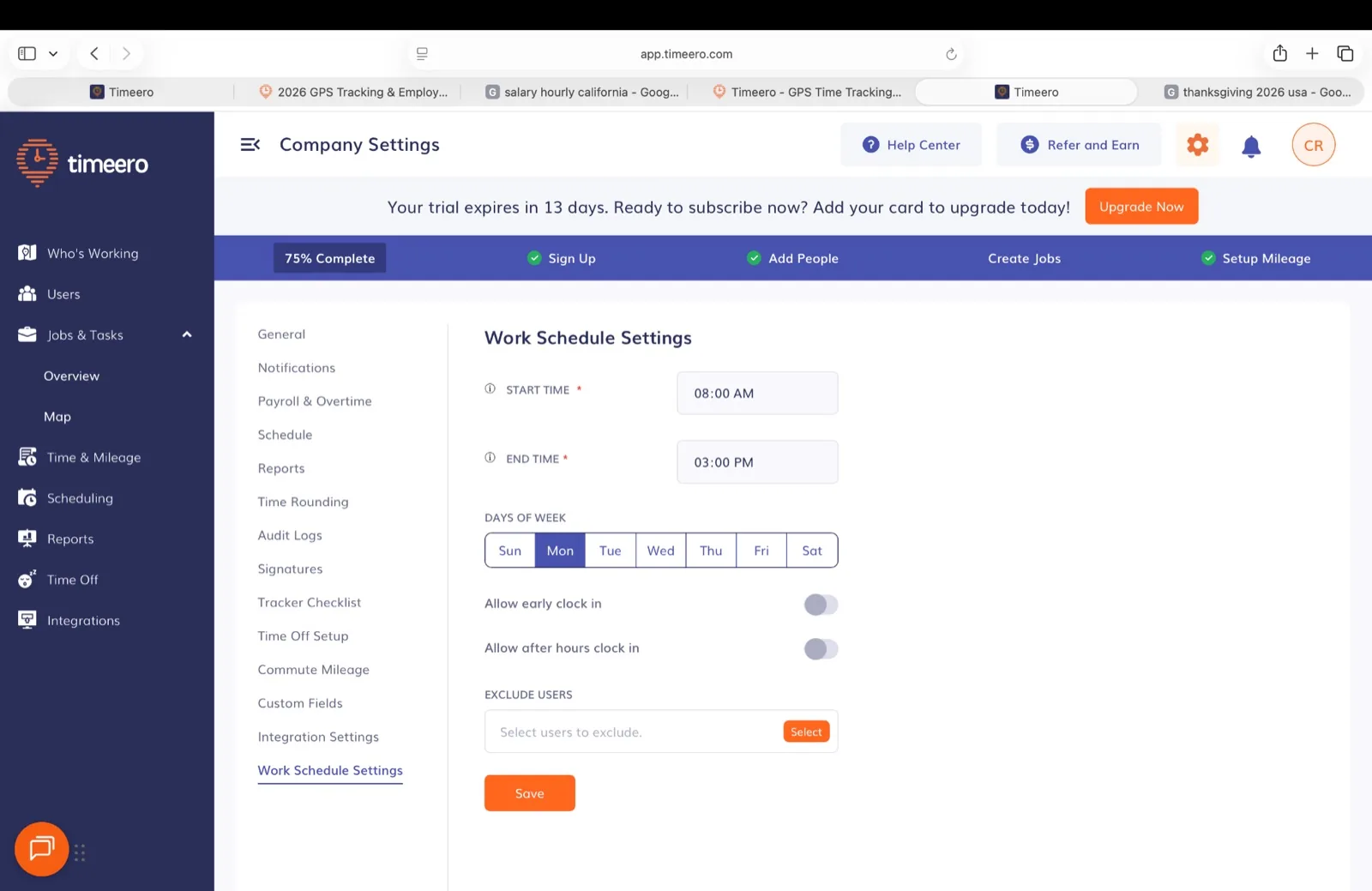 Timeero Work Schedule Settings with start and end times, days of the week, early clock-in and after-hours clock-in toggles, and excluded users