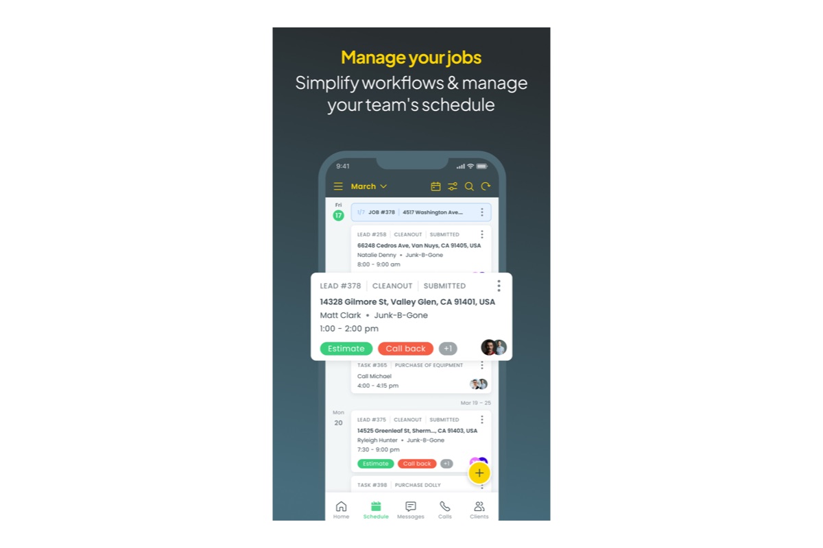 The Workiz mobile schedule for March showing numbered jobs, leads and tasks stacked by day, each with a street address, a client name, a time window and quick Estimate and Call back actions.