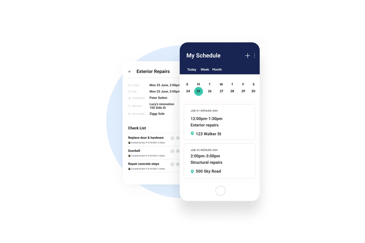 Two Workyard views side by side: a task detail panel for Exterior Repairs showing start and due times, assignee, project, watchers and a checklist, next to the mobile My Schedule screen listing two jobs with times and street addresses.