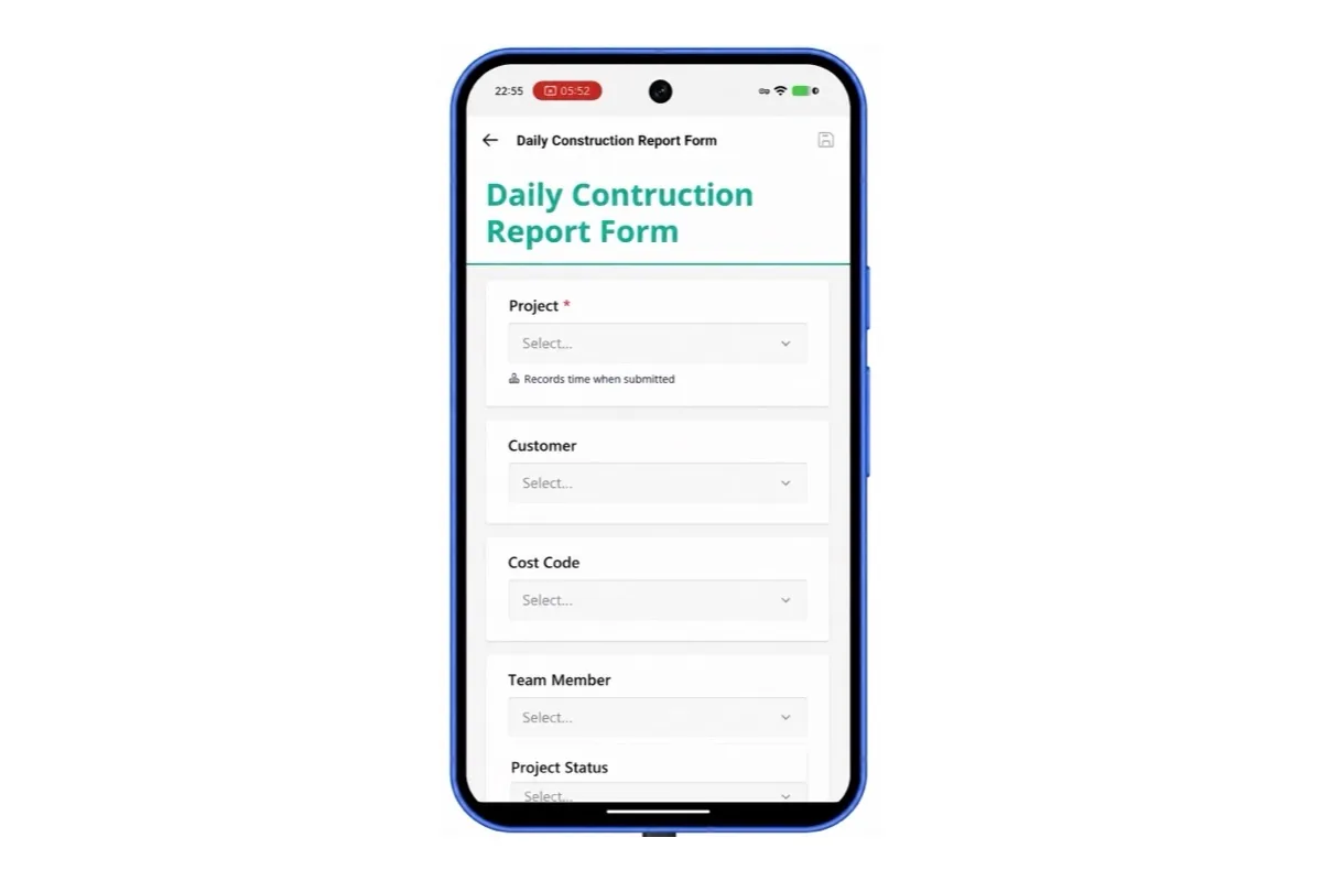 Workyard mobile Smart Forms daily construction report form, with required Project, Customer, Cost Code, Team Member and Project Status fields and a note that the form records the time when submitted.