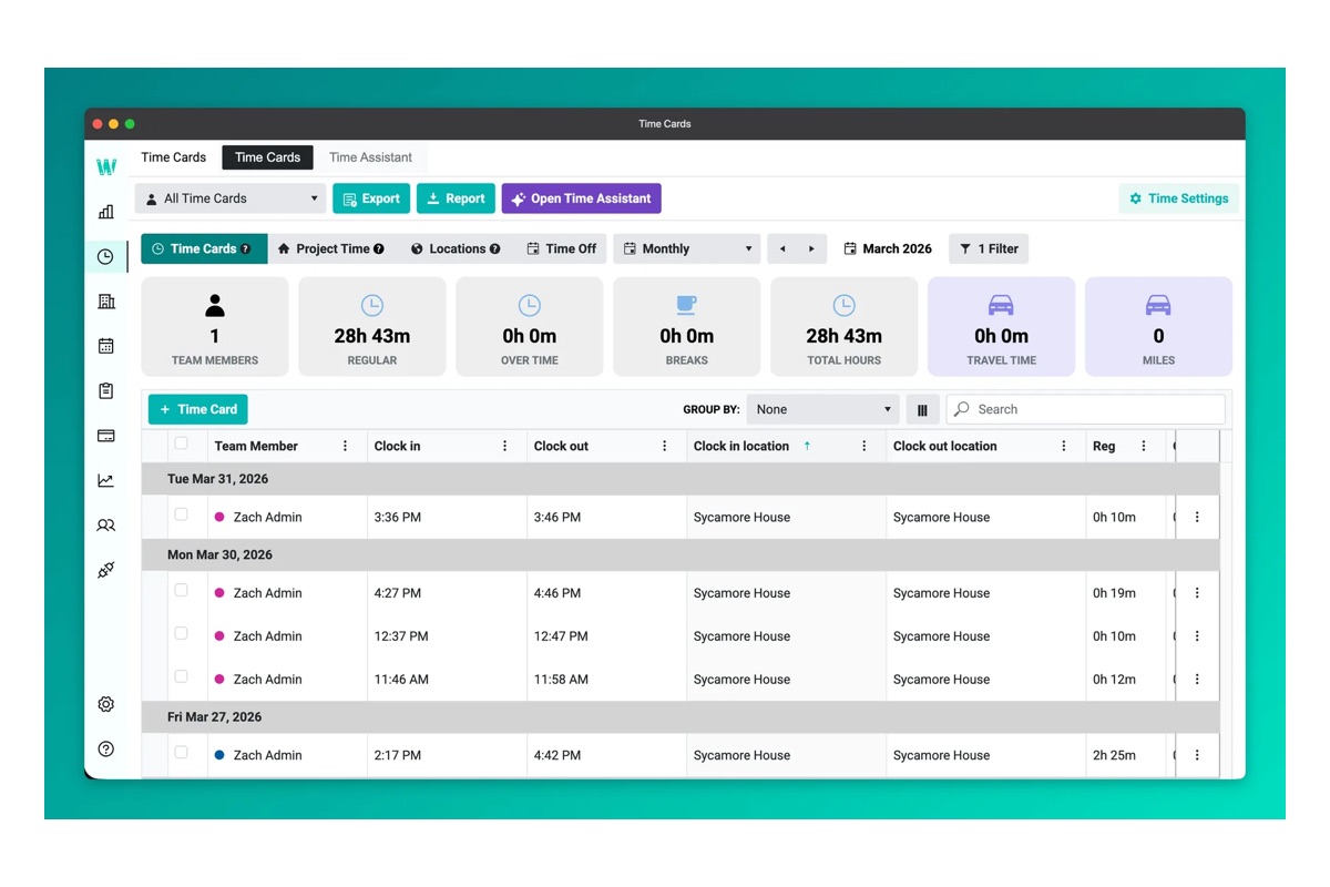 Workyard's Time Cards view for March 2026 with summary tiles for regular, overtime, break, total hours, travel time and miles, above a table listing each punch with its clock-in time, clock-out time, clock-in location and clock-out location.