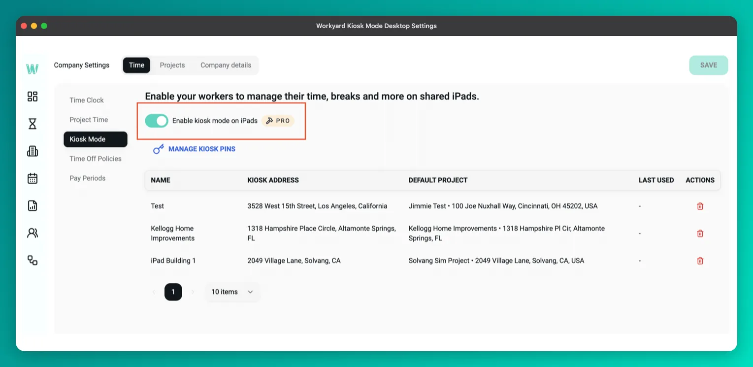 Workyard admin settings for kiosk mode, showing the enable toggle marked Pro and the list of kiosk devices with their addresses and default projects.