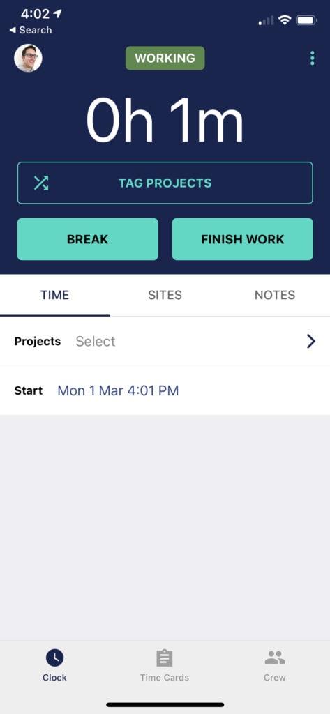 A time tracking app showing the user it's in a working state and sharing location information