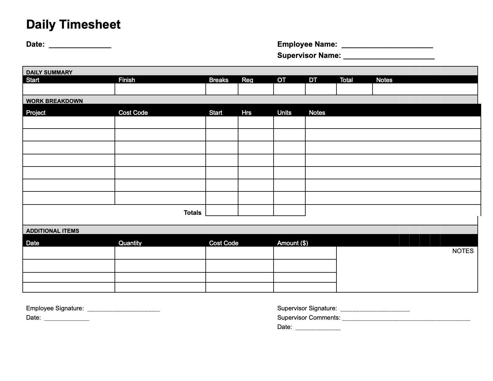 Daily Construction Timesheet Template