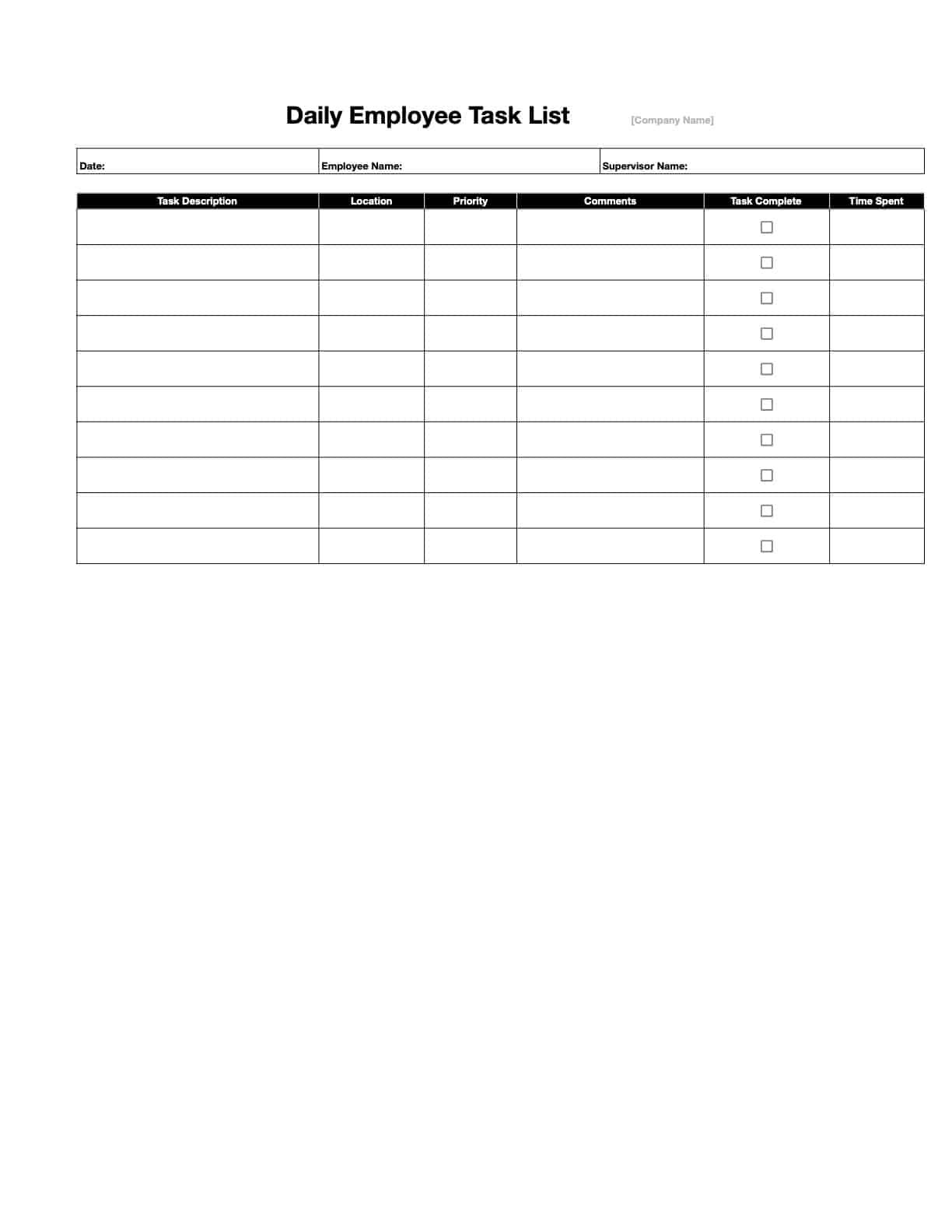 Daily Employee Task List Template
