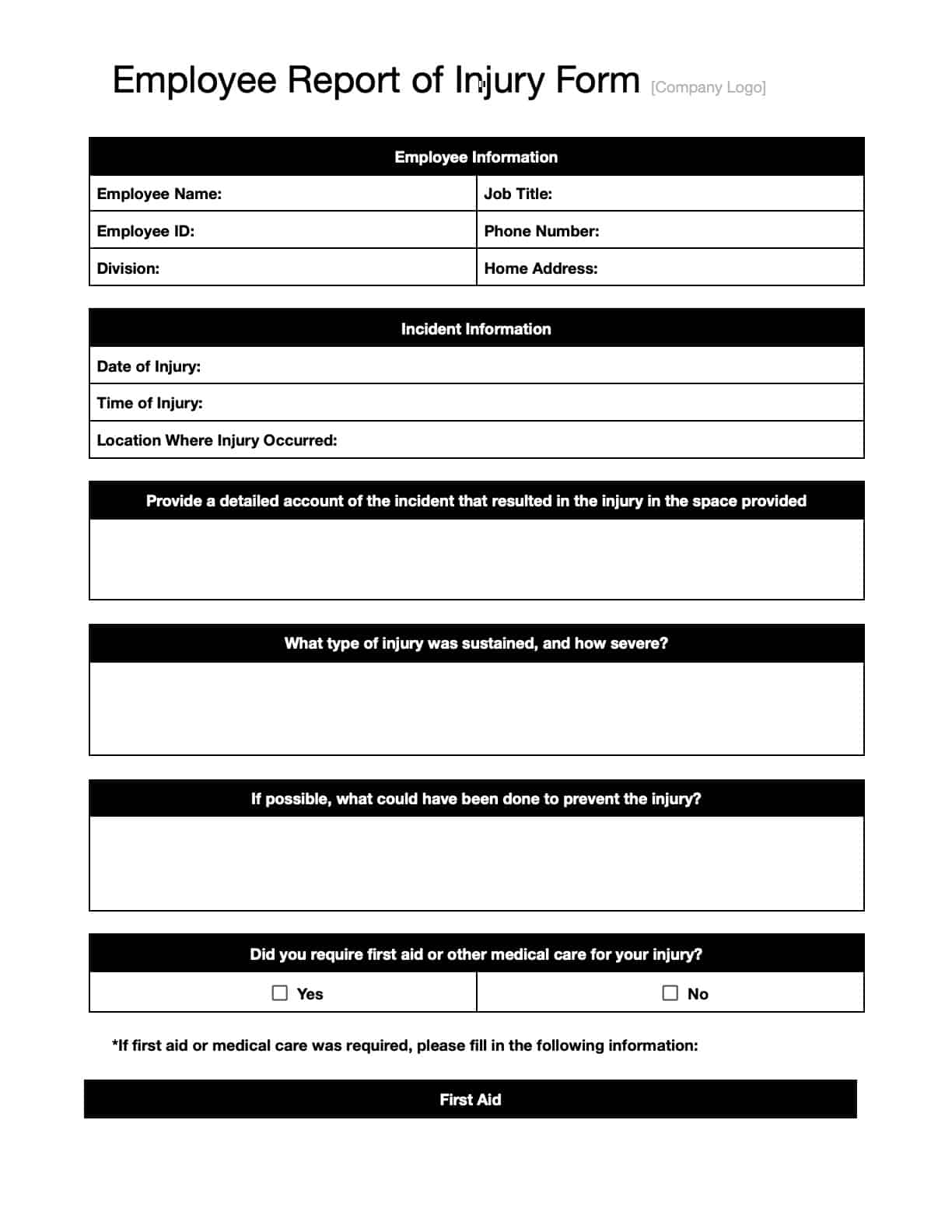 Employee Report of Injury Form