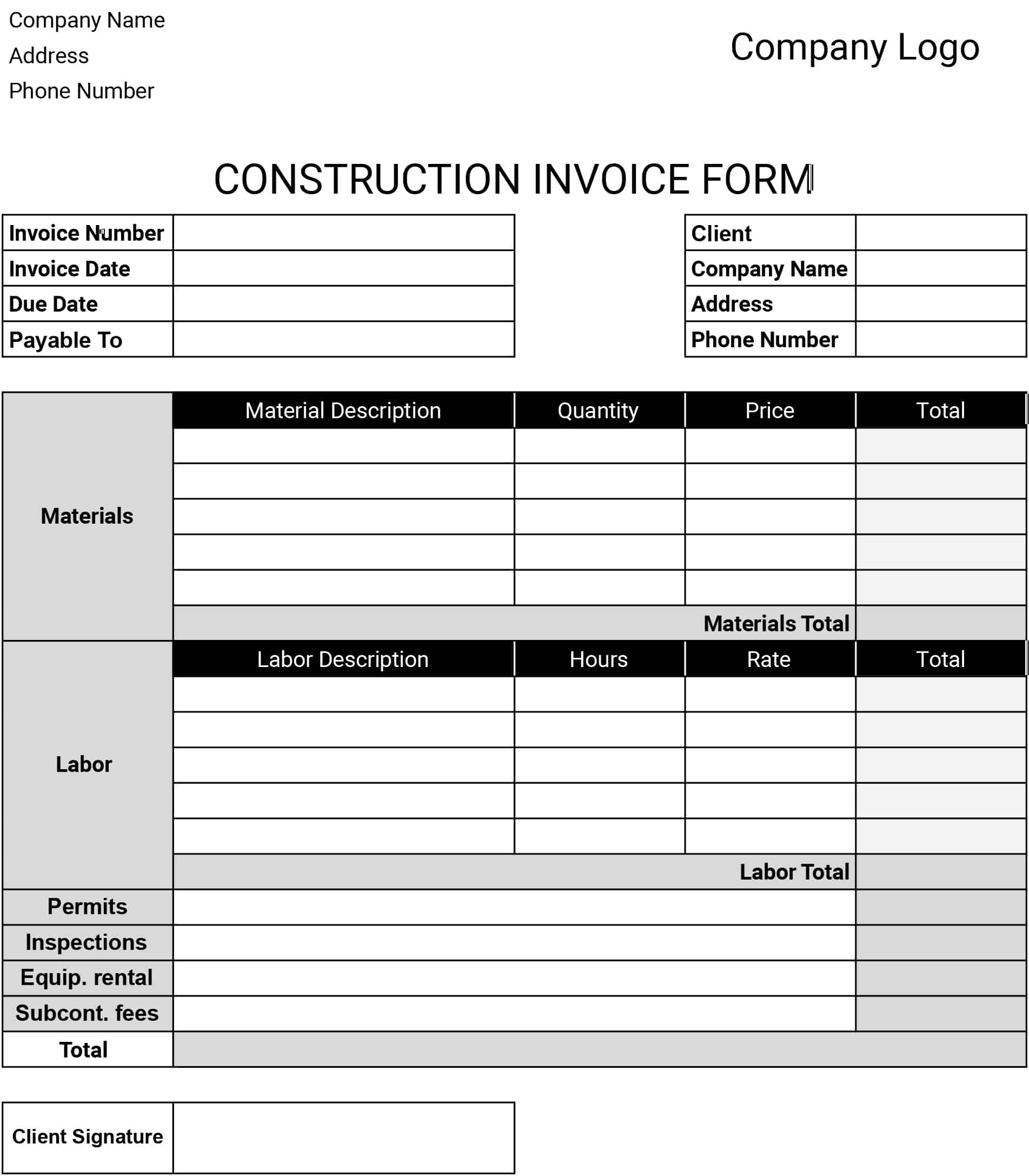 Construction Invoice Form