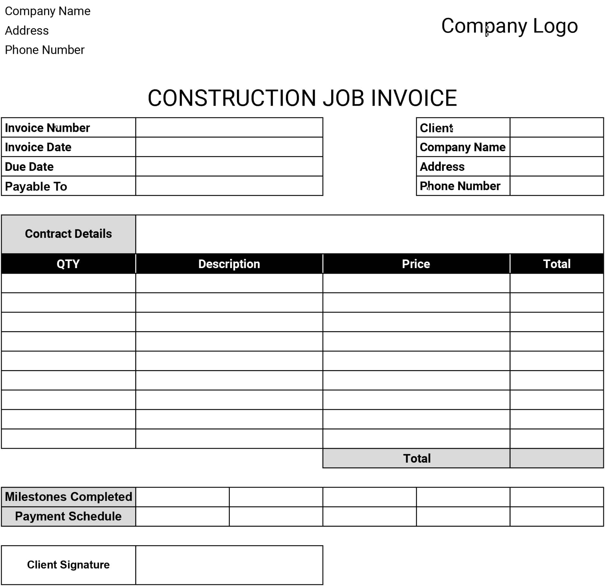 Construction Job Invoice Template