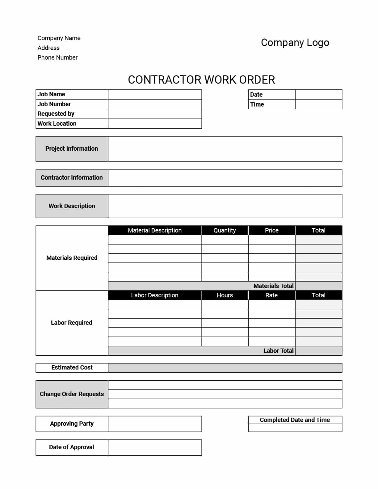 Contractor Work Order Template