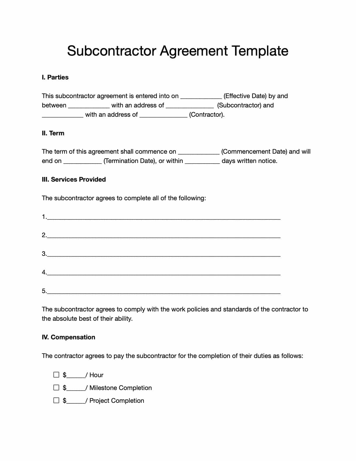 Subcontractor Agreement