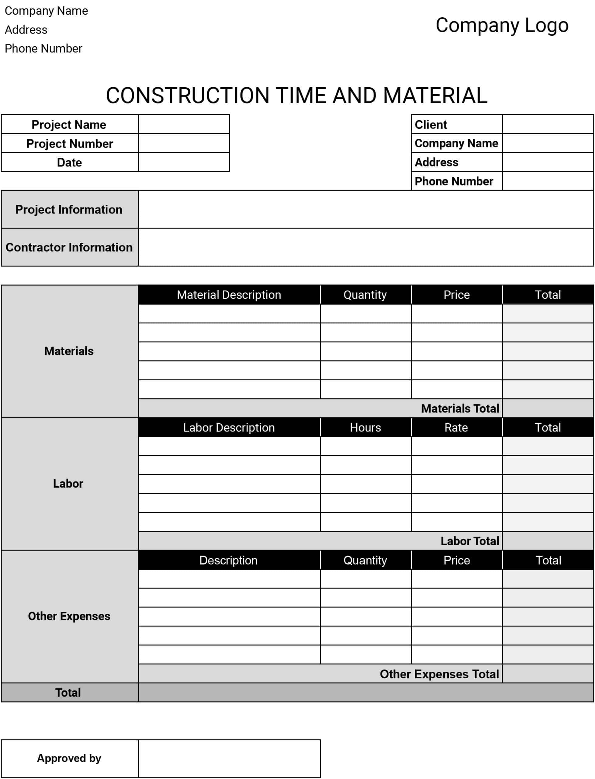 Time and Material Template for Construction
