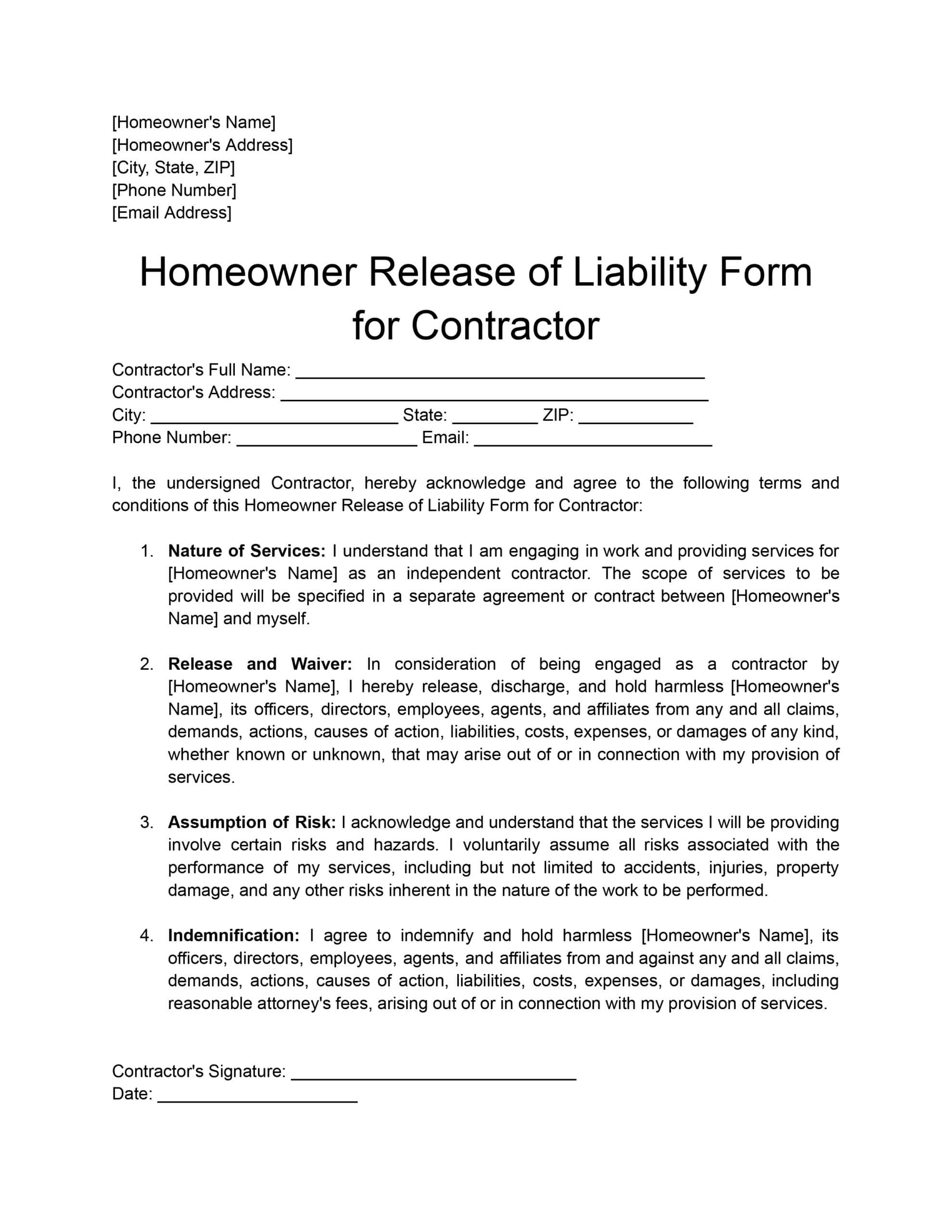 Homeowner Release of Liability Form for Contractor