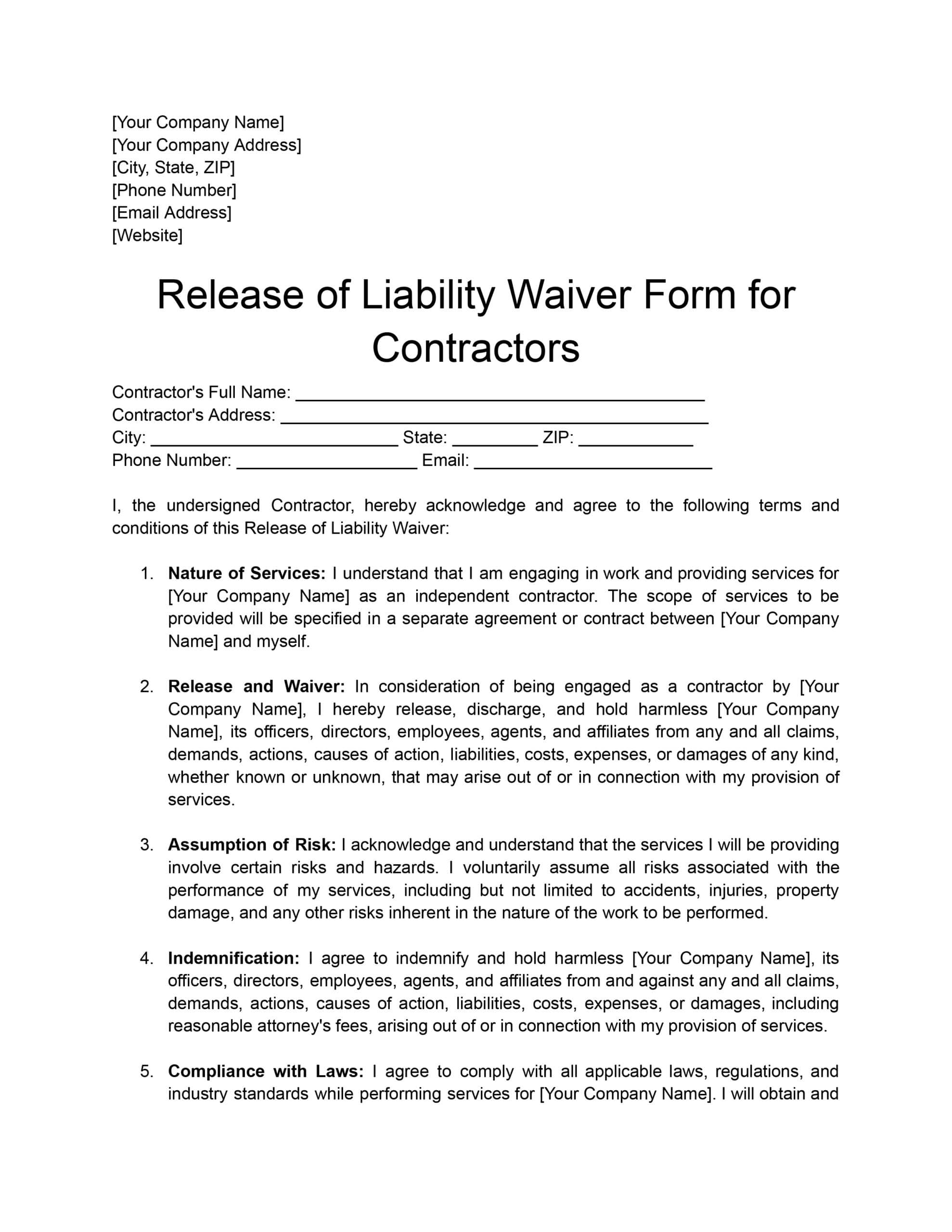 Release of Liability Waiver Form for Contractors