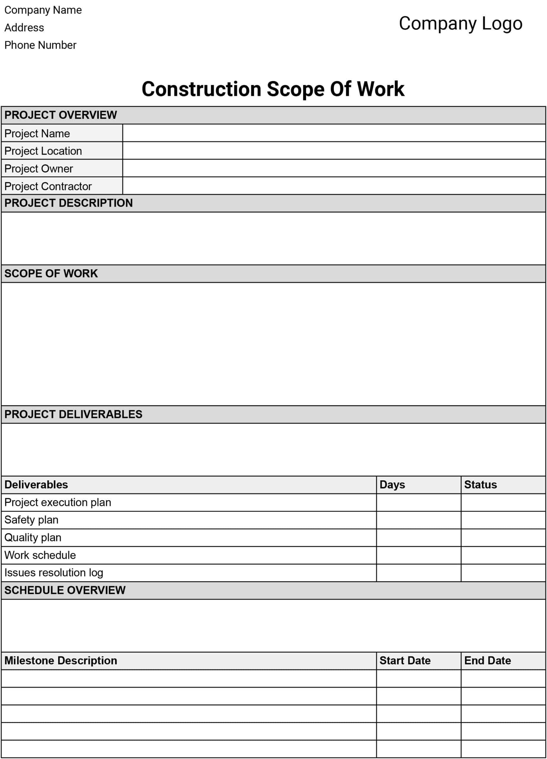 Scope Of Work Construction Template
