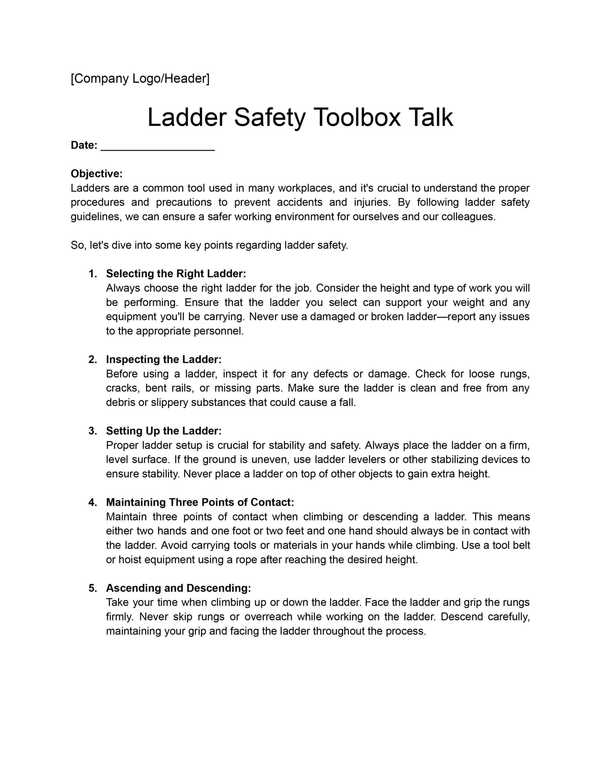 Ladder Safety Toolbox Talk