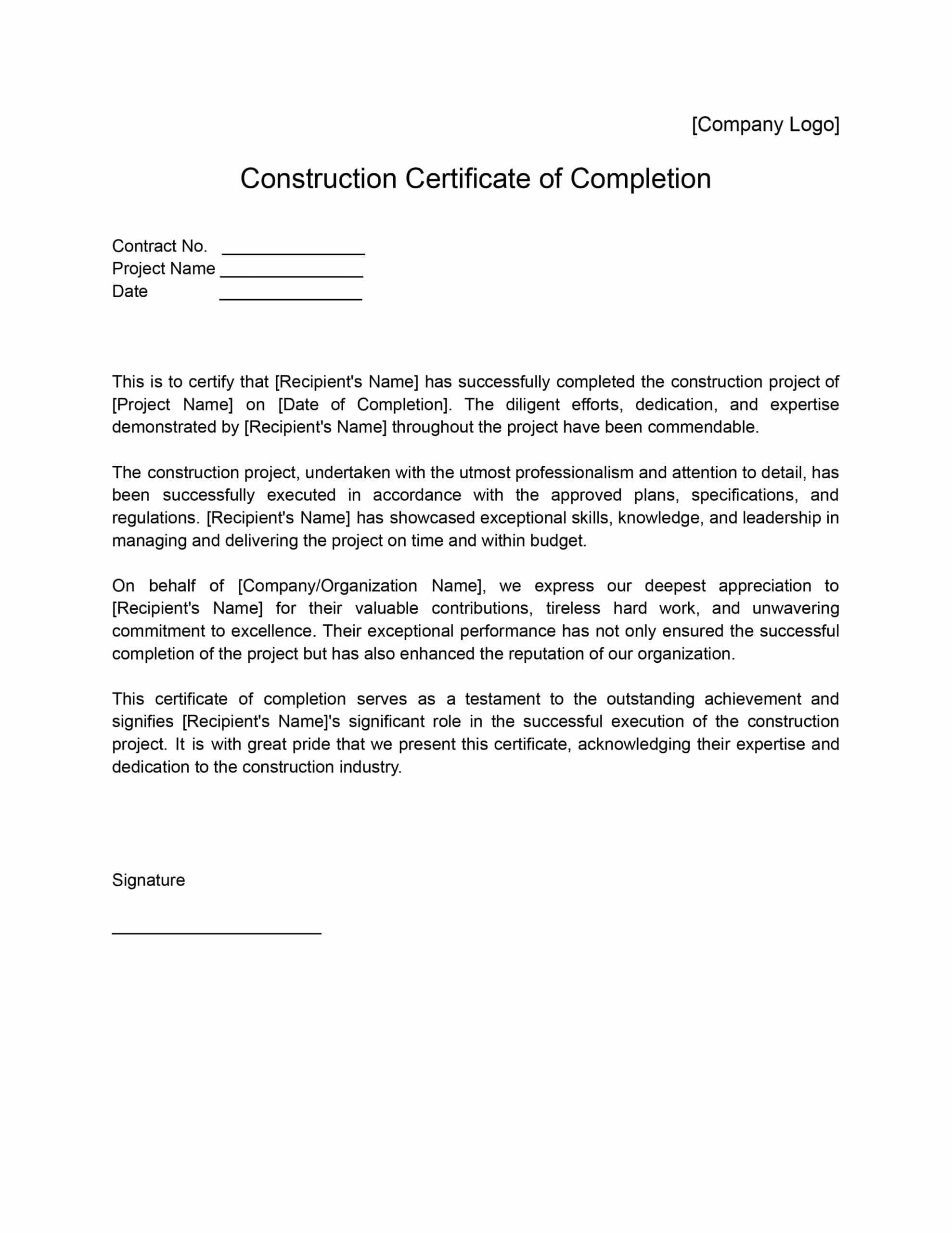 Construction Certificate Of Completion Templates