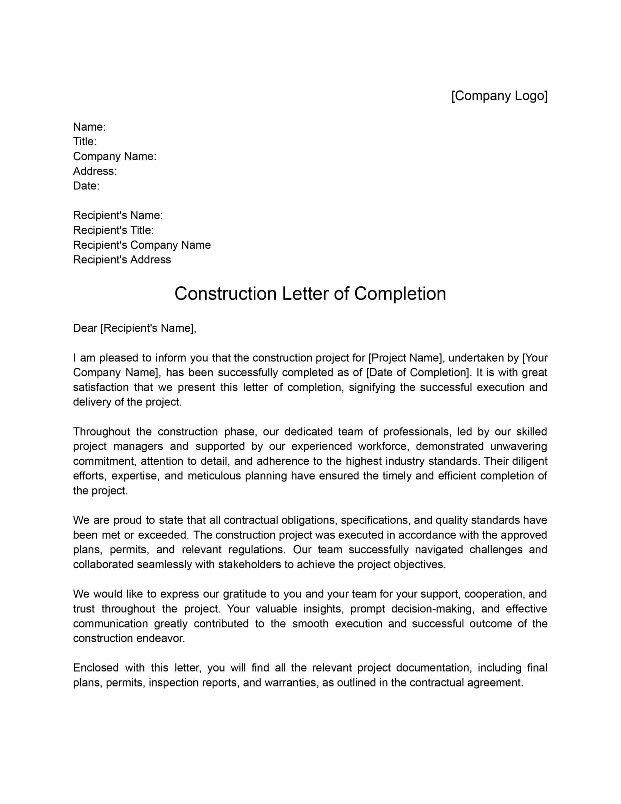 Construction Letter of Completion