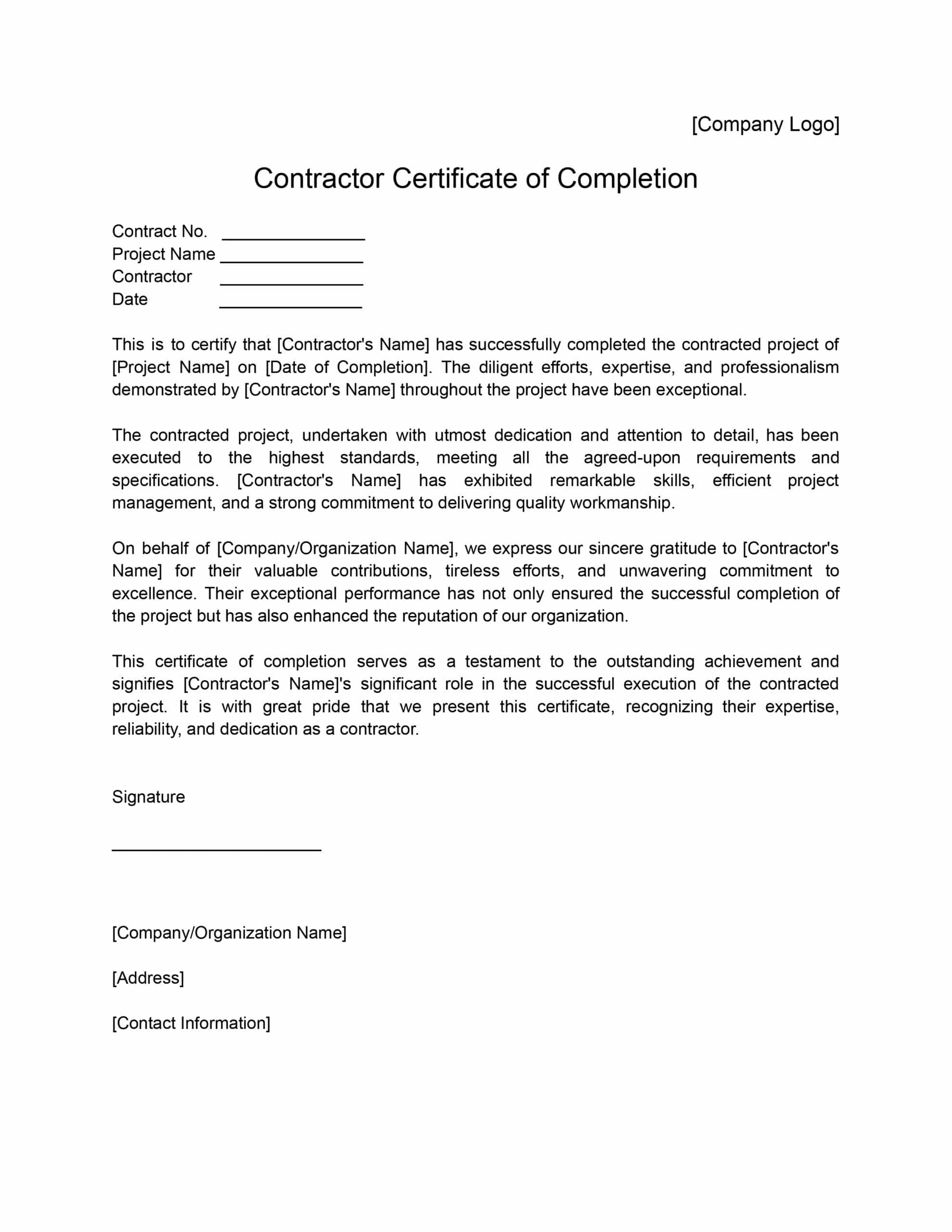 Contractor Certificate of Completion